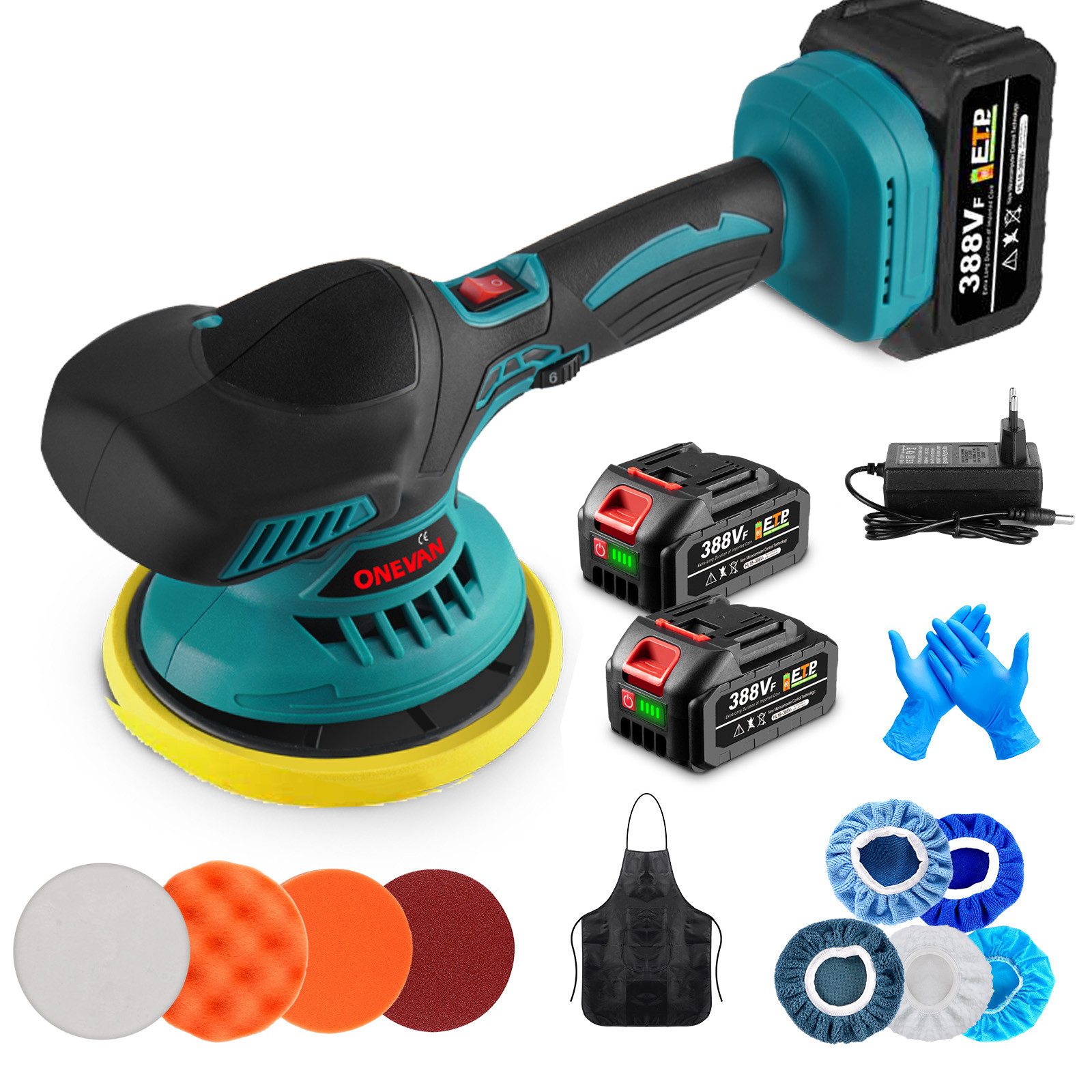 ONEVAN Akku-Poliermaschine 6-Zoll Auto Polierer Poliergerät 6 variable Geschwindigkeit, 2500 ~ 5000 U/min Poliermaschine mit 2x Akku & Aufsätze