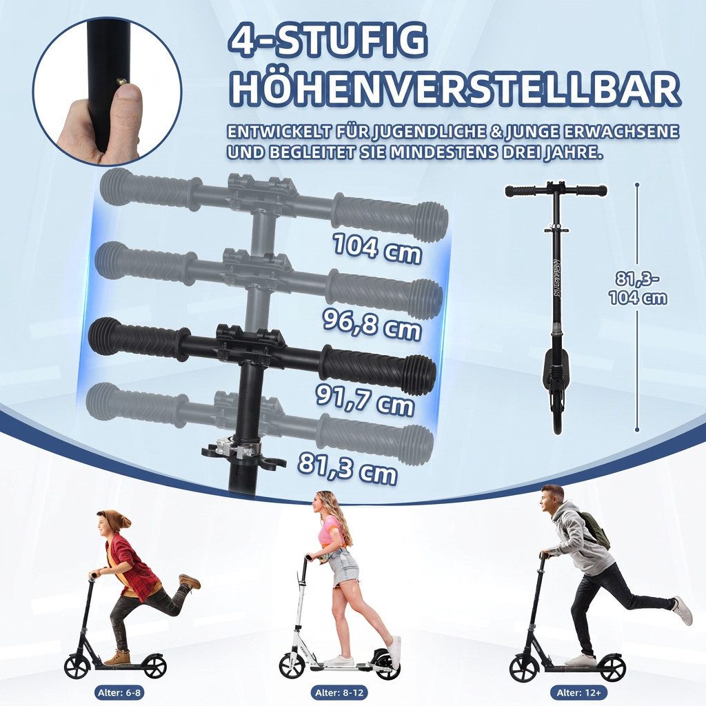 Nattork Scooter Klappbarer Kickscooter für Kinder und Erwachsene, bis 100 kg Traglast, (1 tlg), Stabiler Tretroller mit höhenverstellbarem Lenker, 8-Zoll PU-Räd – Bild 2 von 5