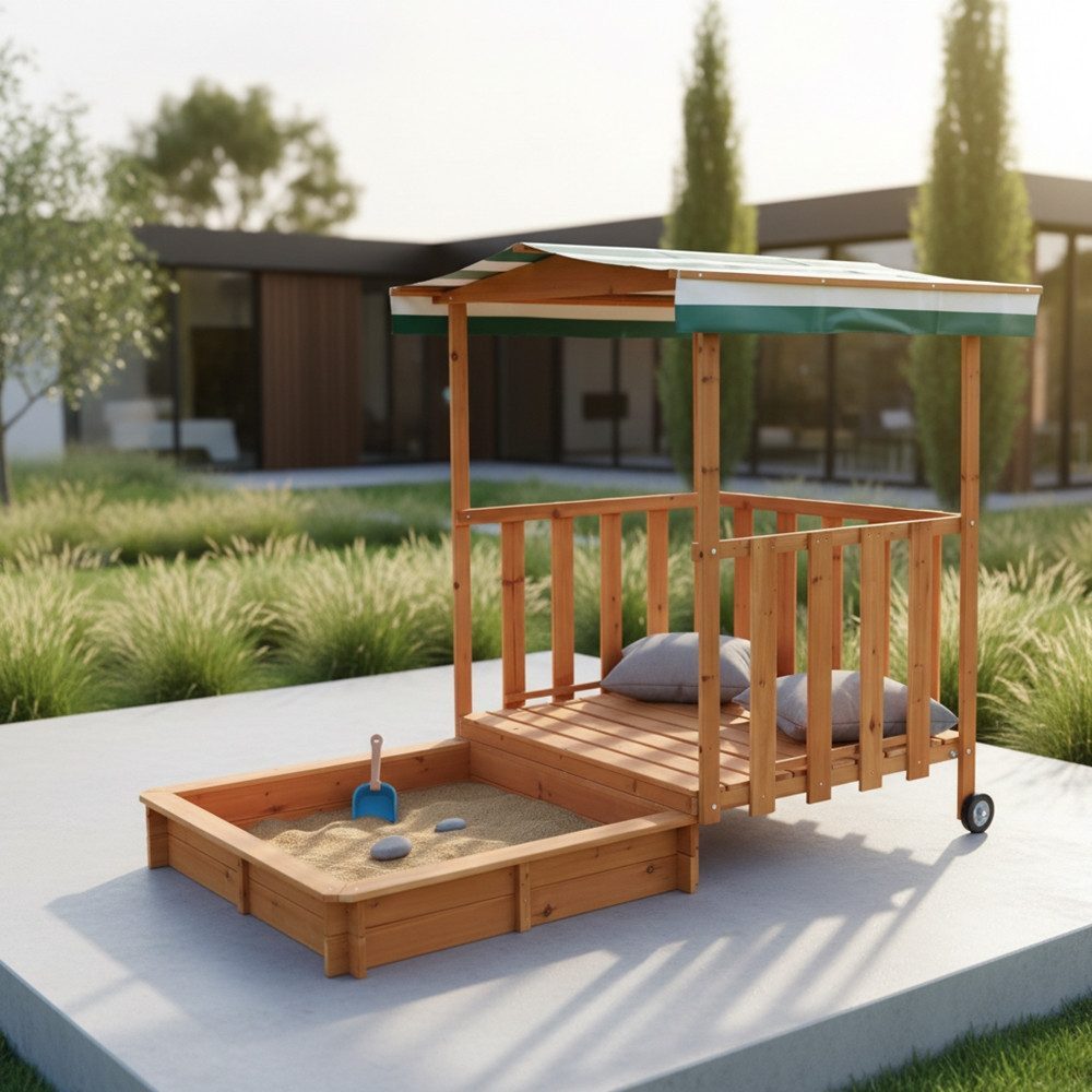 Melko Sandkasten Sandbox mit Dach Sitzbänken Sandkiste höhenverstellbares Sonnendach, (Einzelartikel), Transportrollen zum Verschieben, Sonnendach und Sitzflächen