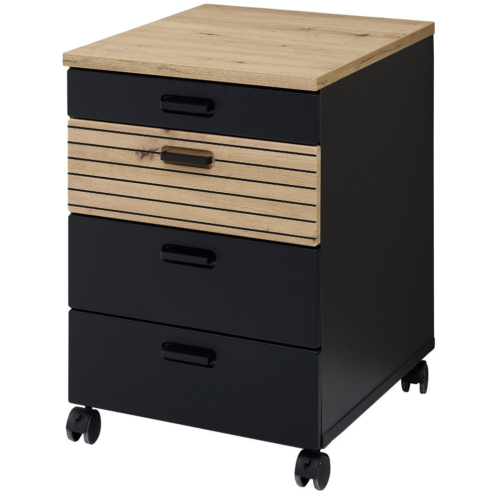 Lomadox Rollcontainer GLENDALE-36, Schwarz matt Eiche Dekor 45 cm Softclose Schubladen Organizer