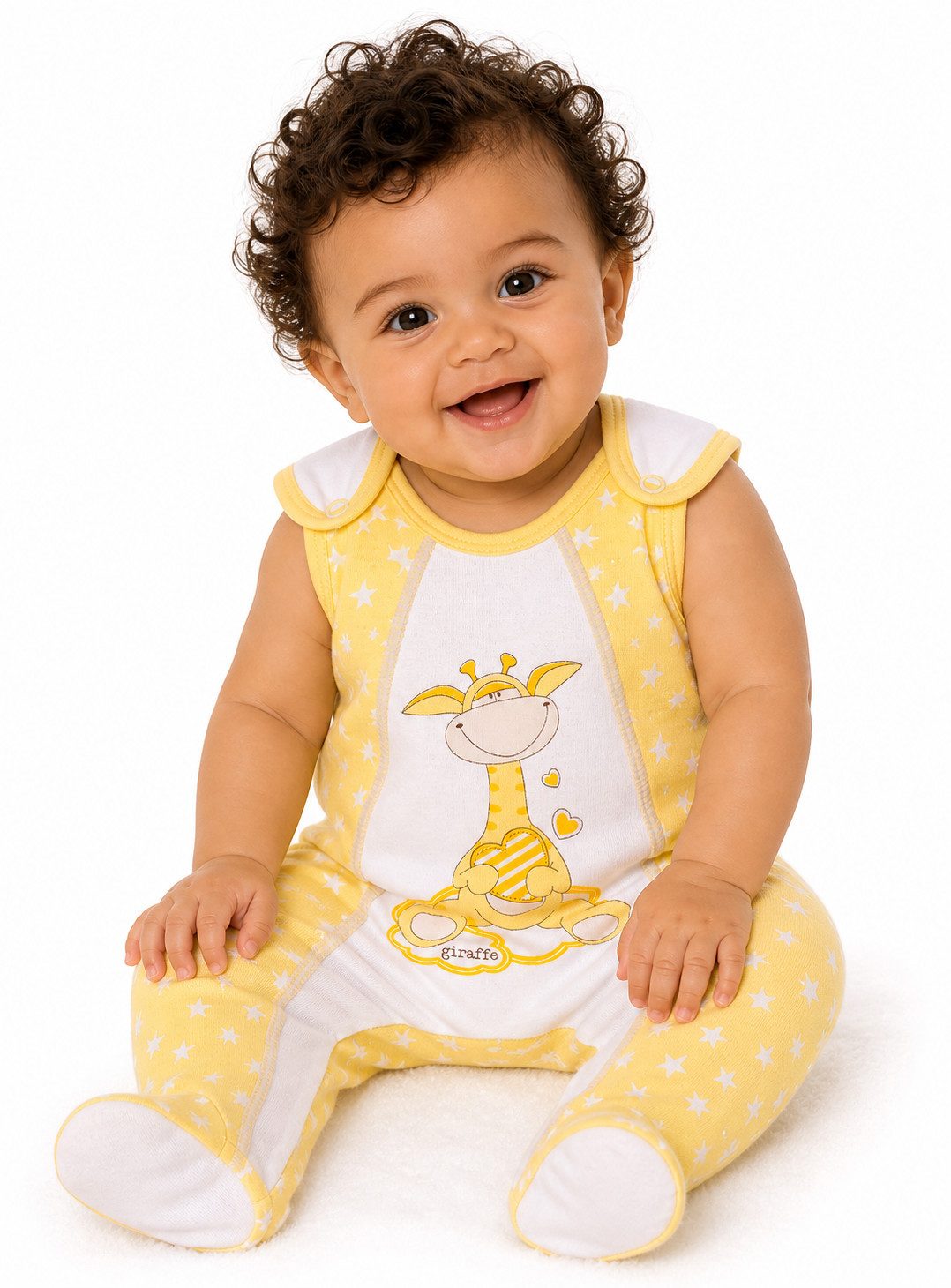 La Bortini Strampler Baby Strampler für Neugeborene in Weiß Gelb mit Giraffe aus reiner Baumwolle, 44 50 56 62 68 74