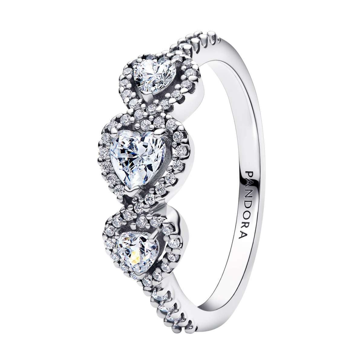 Pandora Silberring 194413C01, Damenring Silber Halo Herz Trilogie
