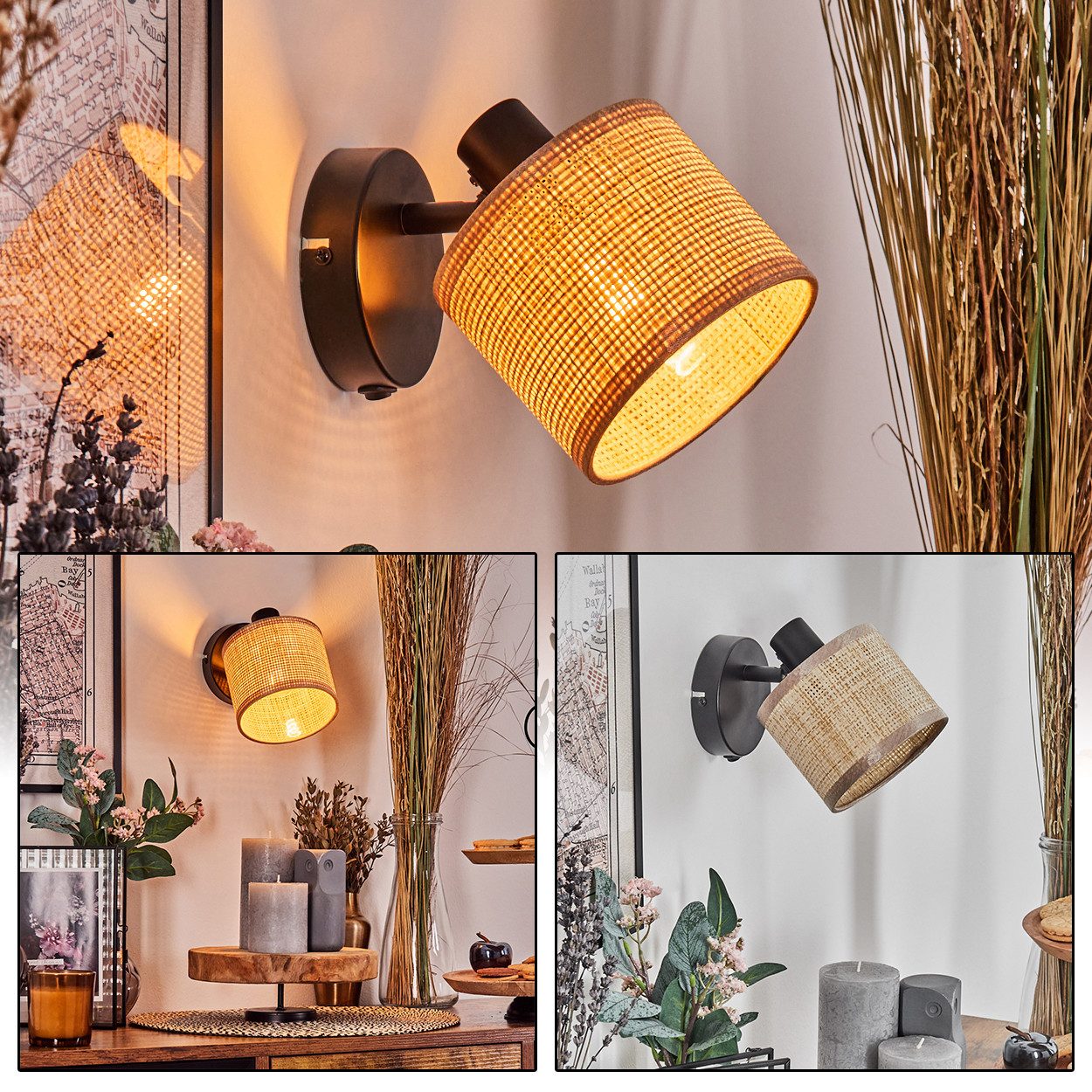 hofstein Wandleuchte verstellbare Wandlampe aus Metall/Papiergeflecht in Schwarz/Beige, ohne Leuchtmittel, modern, mit verstellbarem Schirm (12 cm), 1 x E14, ohne Leuchtmittel