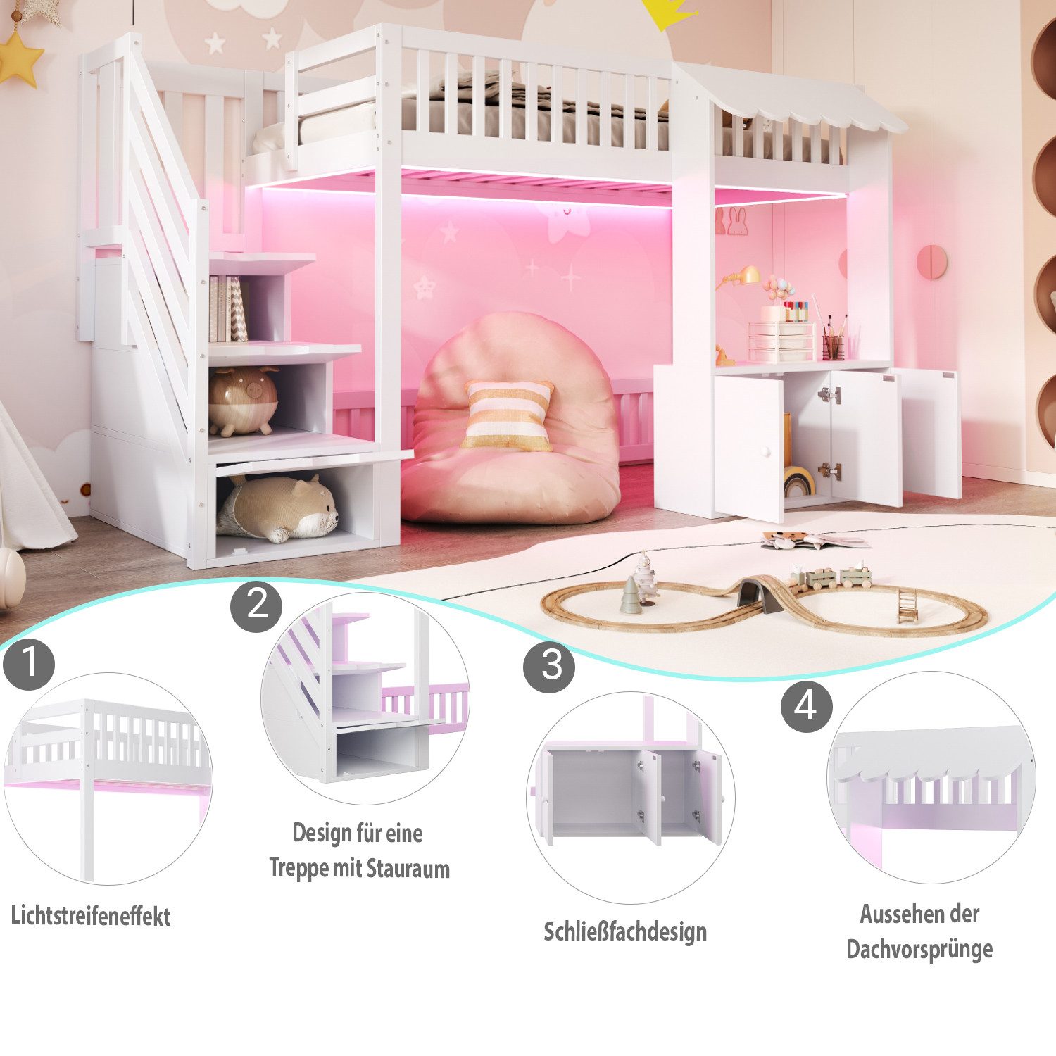 Flieks Hochbett Kinderbett Laden-Design 90×200cm mit Schrank und Stauraumtreppe – Bild 5 von 5