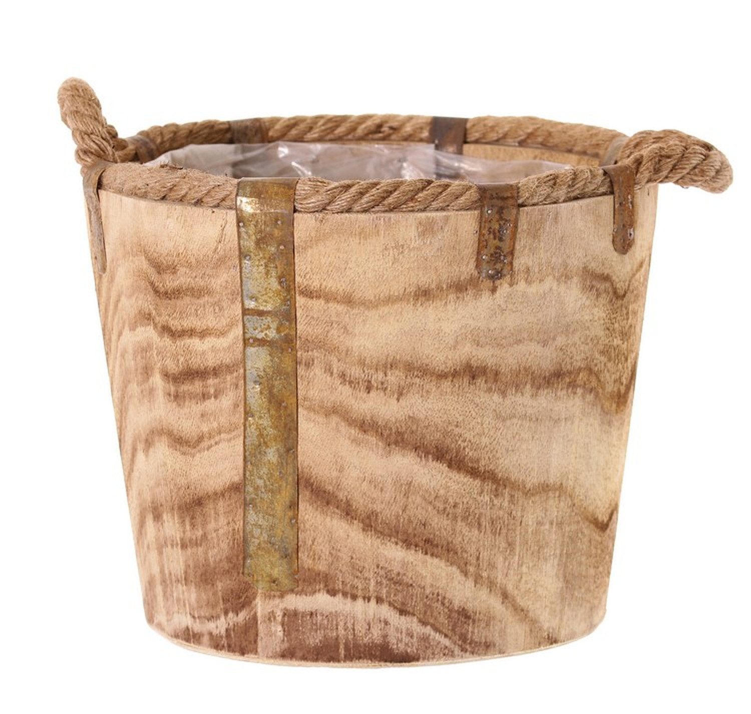 artplants Blumentopf Holz Übertopf DABIH mit Griffen aus Seil, braun, 24cm, Ø29cm