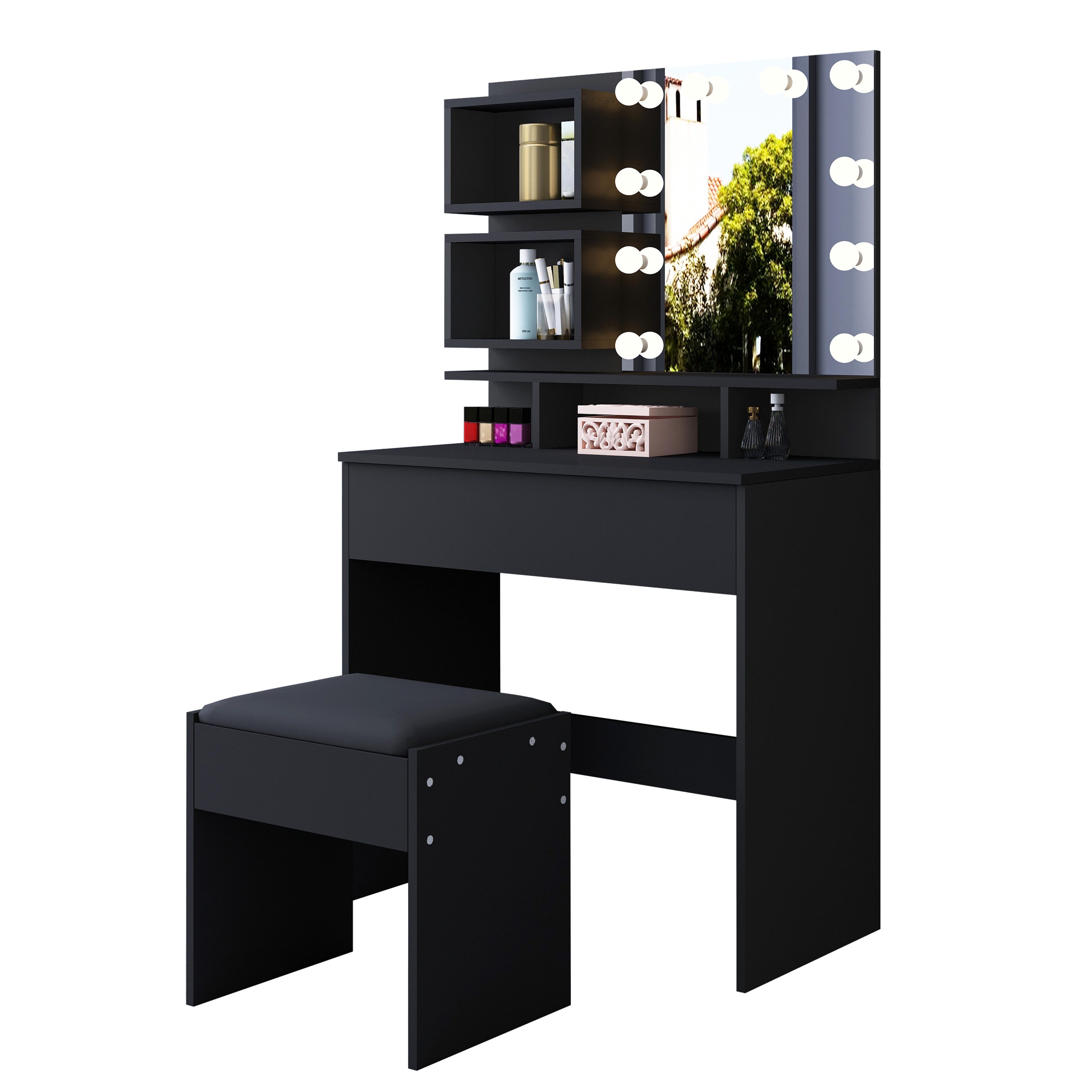 Schminktisch modern, mit Spiegel, LED-Beleuchtung und Hocker