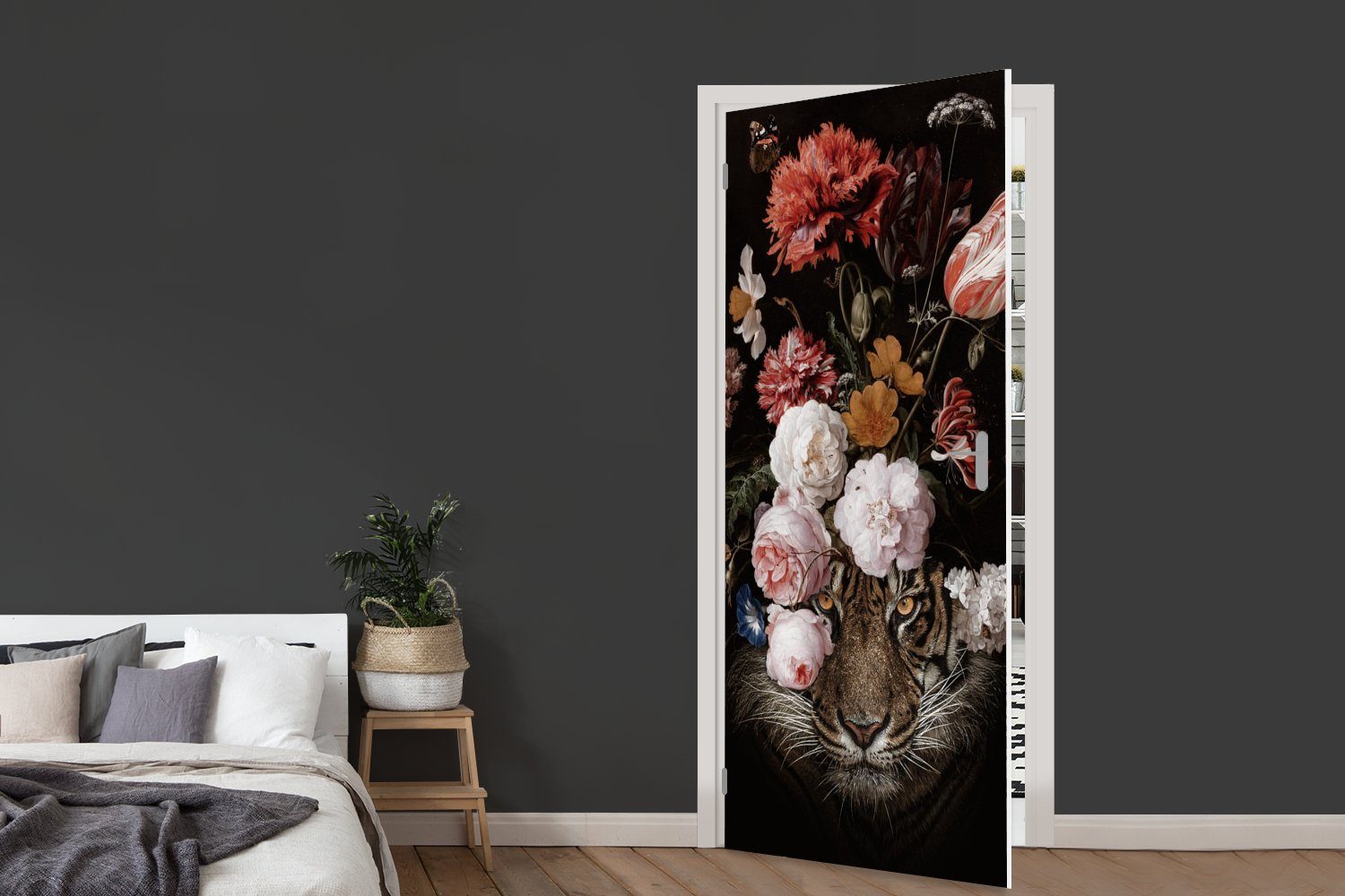 Tür, Alte, Blumen Tiger MuchoWow Matt, (1 für - Davidsz St), Heem Fototapete - de - Stillleben Gemälde - Jan Türtapete Türaufkleber, 75x205 - cm bedruckt,