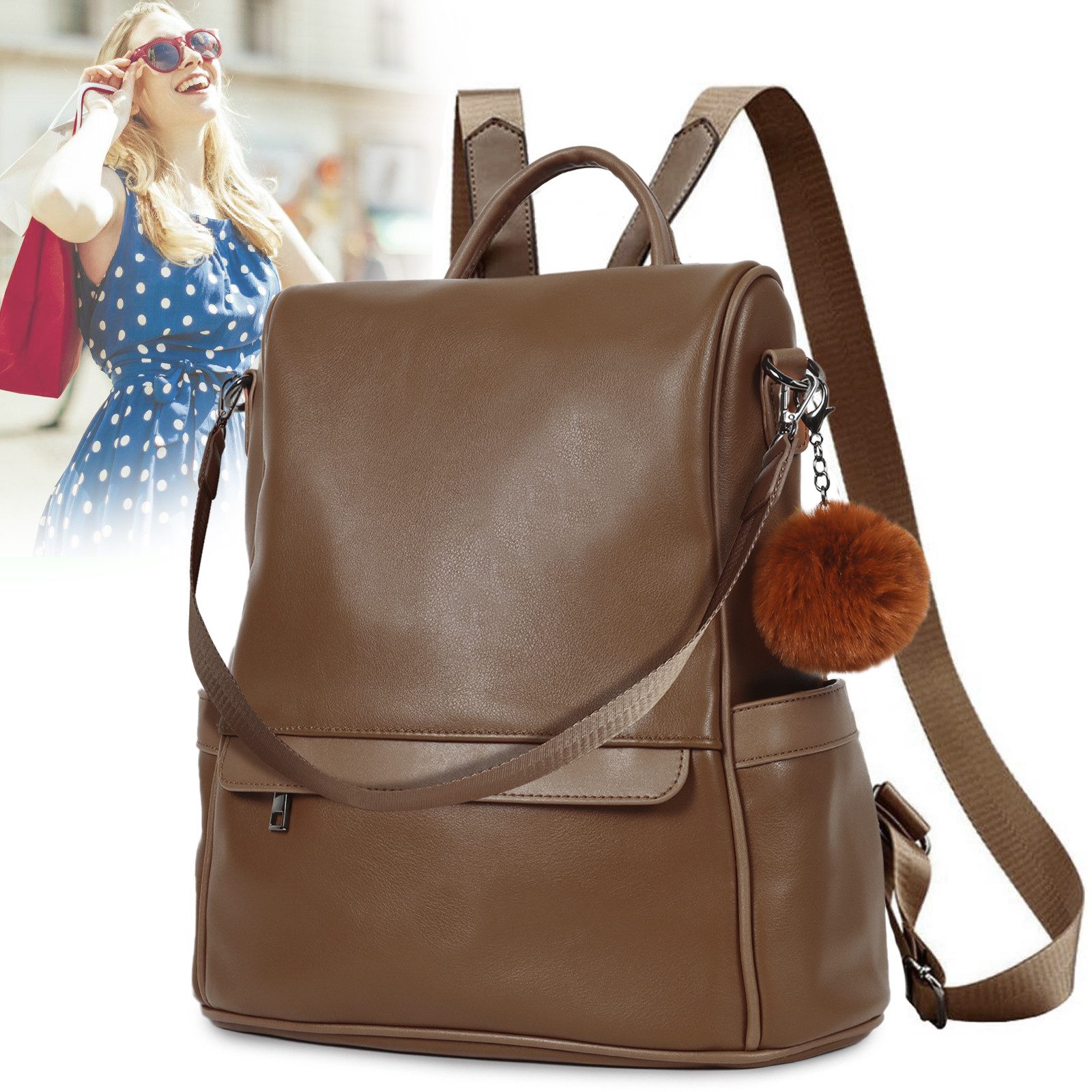 TAN.TOMI Cityrucksack Rucksack Damen klein Handtasche Schultertasche 3 in 1 (Synthetisches Leder Rucksack Tasche 2 in 1 Damen), Elegant Daypacks mit Fellknäuel für Reise Outdoor
