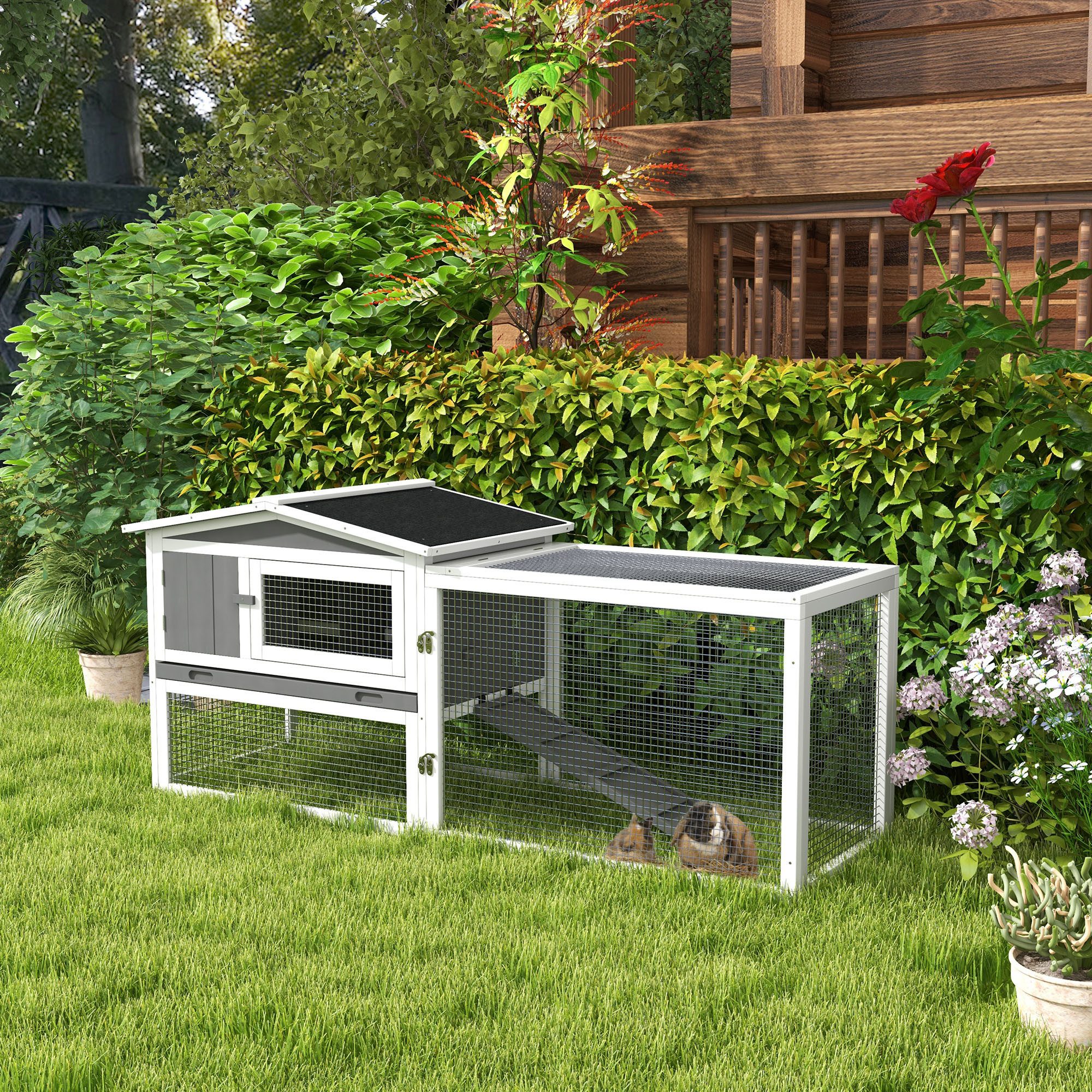 PawHut Kaninchenstall aus Tannenholz, Kleintiergehege, 156 x 58 x 68 cm Hellgrau von PawHut