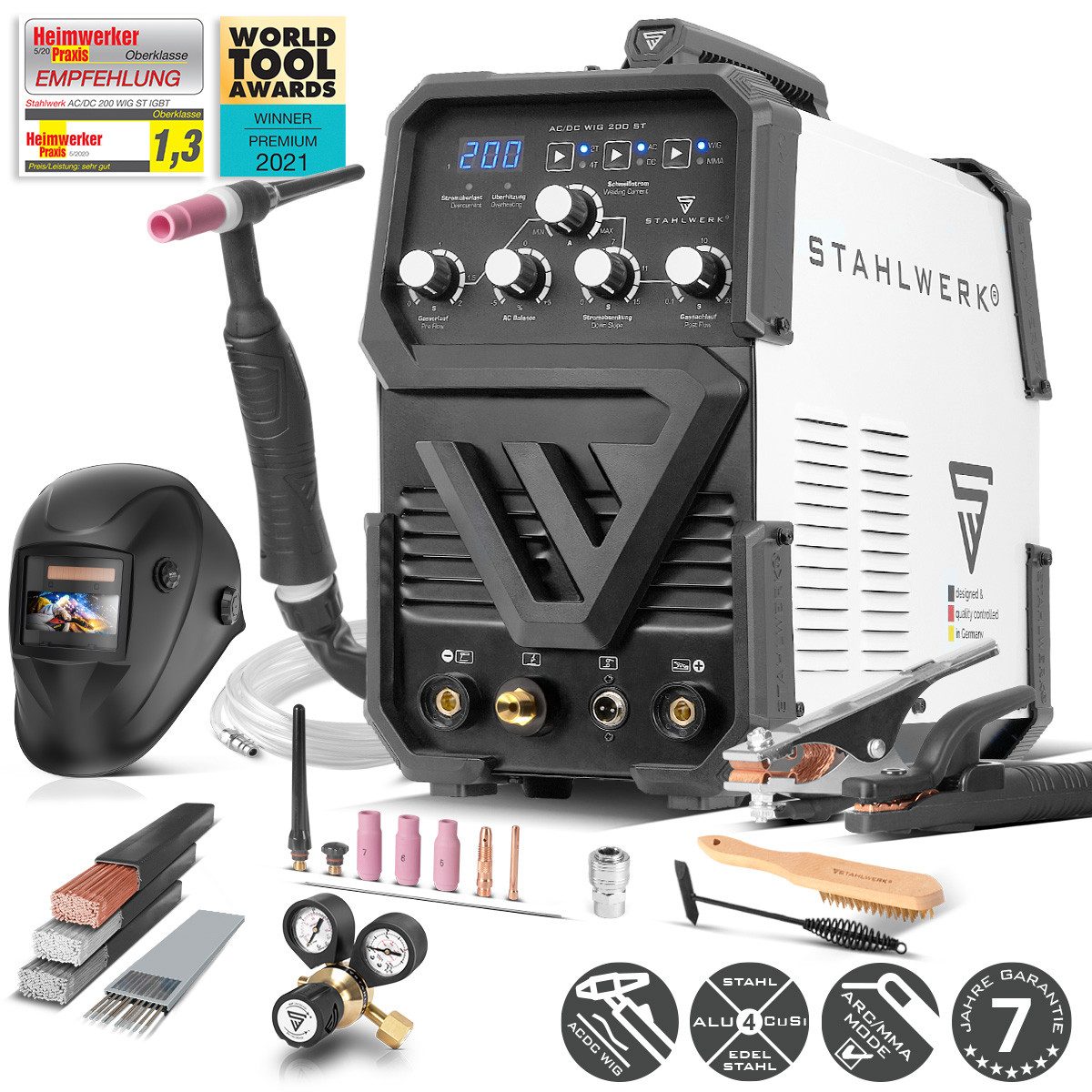 STAHLWERK Inverterschweißgerät AC/DC WIG 200 ST IGBT mit ARC MMA Vollausstattung, 30 - 200 A, Packung}, 13-tlg., Vollausstattung, Kombi-Schweißgerät mit 200 Ampere für WIG & ARC MMA