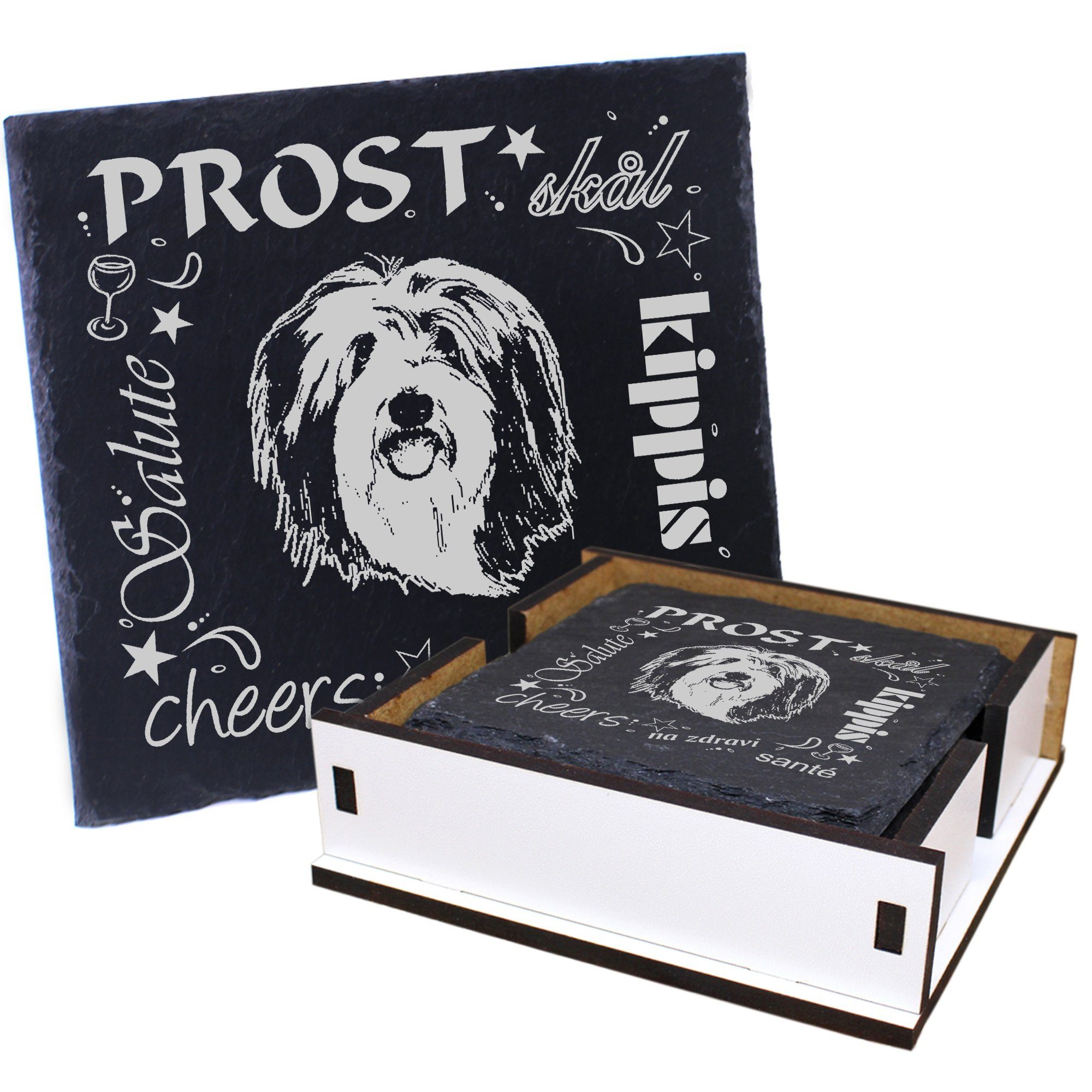 Dekolando Getränkeuntersetzer Prost Bearded Collie - inkl. Box & Flaschenuntersetzer, 6-tlg.