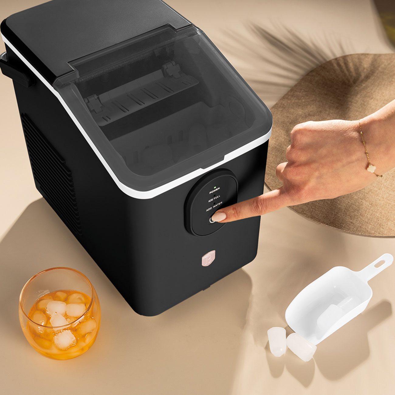 BerlingerHaus Eiswürfelmaschine Retro Eiswürfelmaschine Schwarz-Roségold, 12kg/24h Ice Maker 0,8L, Mit LED-Anzeige, Inklusive Eisschaufel
