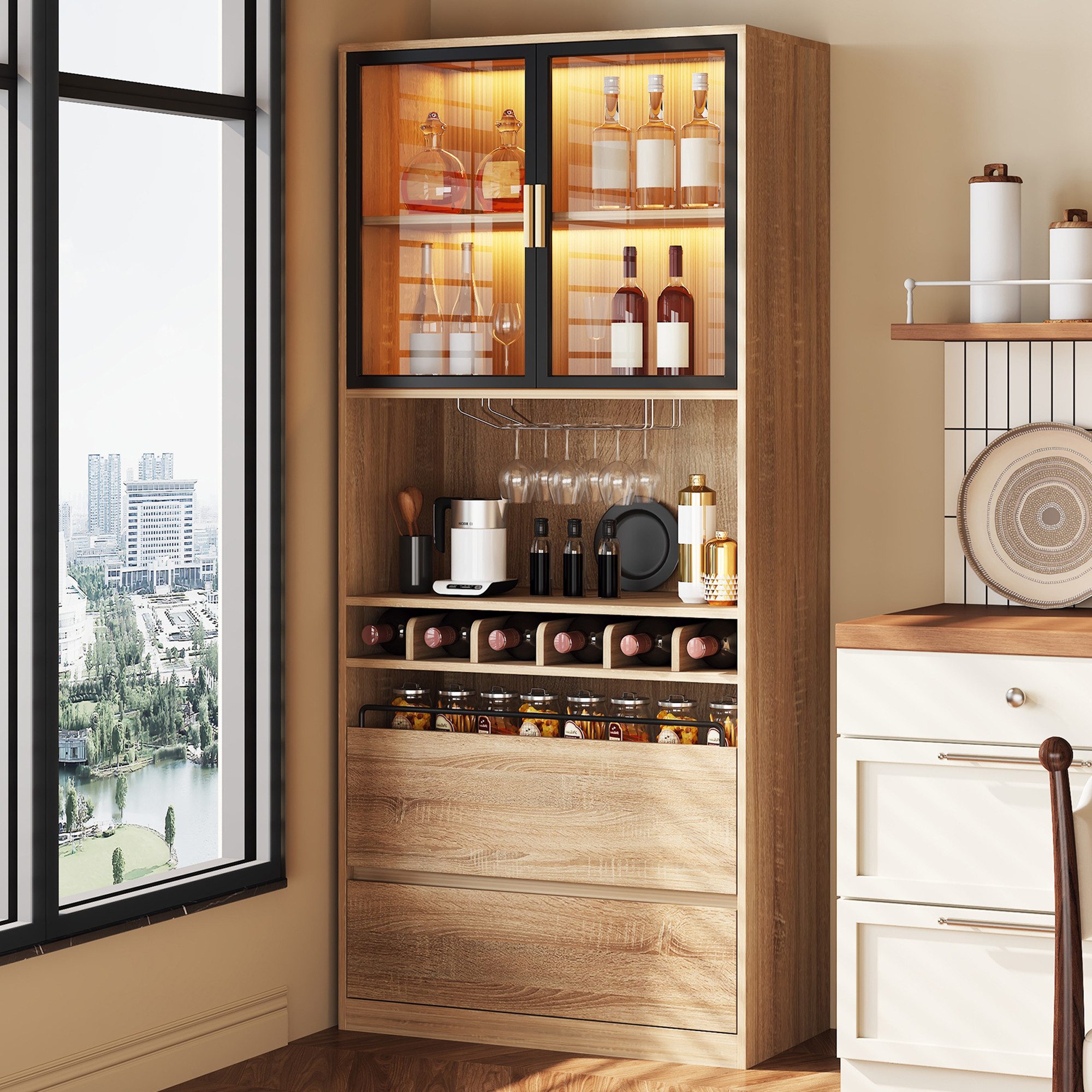 MODFU Highboard mit Glastüren (Vitrinenschrank, Badezimmerschrank, 1 St., einfache Montage), mit LED-Beleuchtung, modernes Design für Badezimmer und Wohnräume