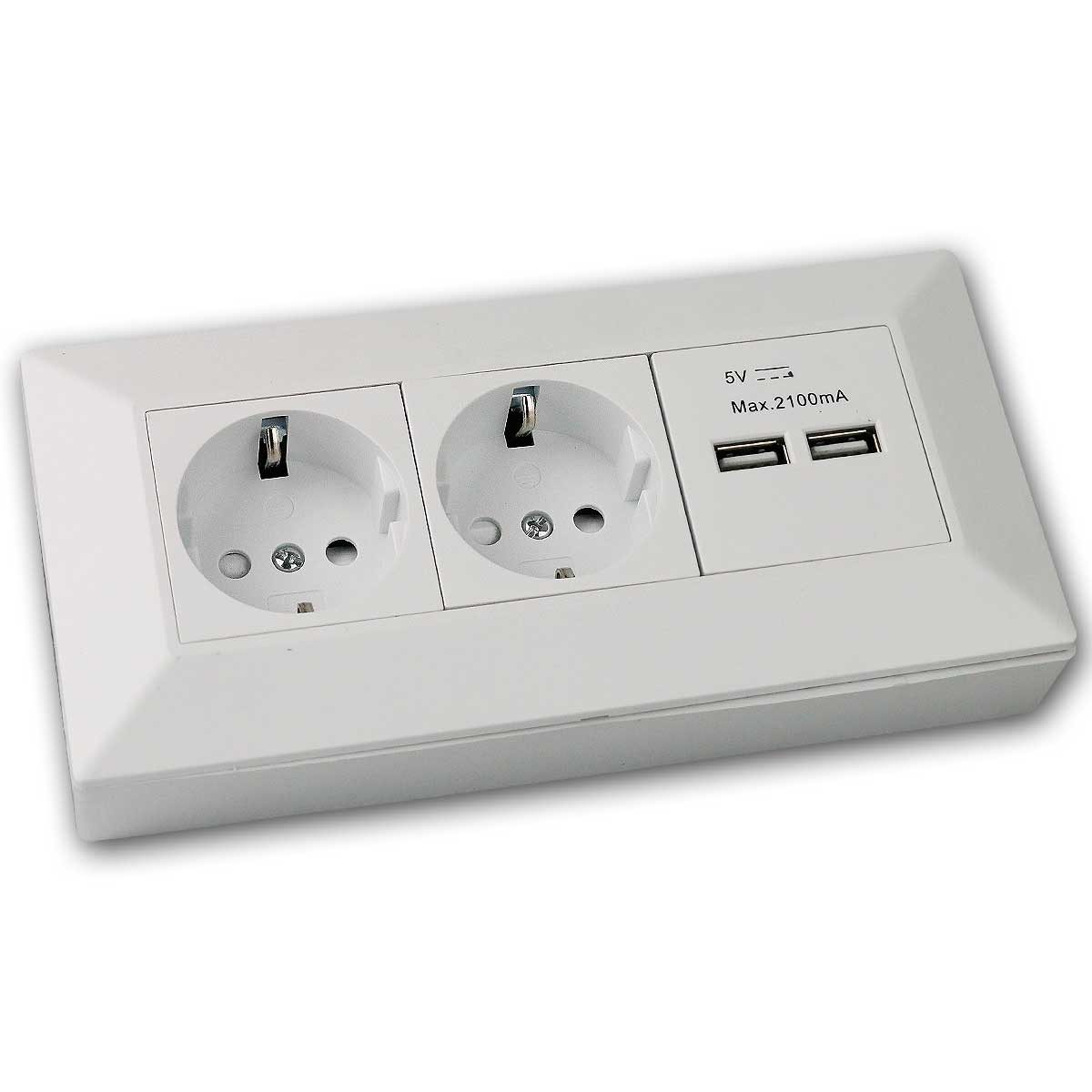 ChiliTec Aufputz-Steckdose 2-fach Aufbau-Steckdosenblock + 2x USB, weiß matt