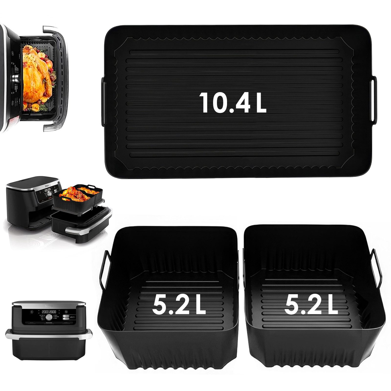 BlingBin Silikonform 3 Stück Heißluftfritteuse Zubehör für Ninja Foodi 10,4 L AF500EU, (3er Set 3-tlg), 10,4L/5,2L Wiederverwendbar Silikonform für Airfryer Ofen Mikrowelle