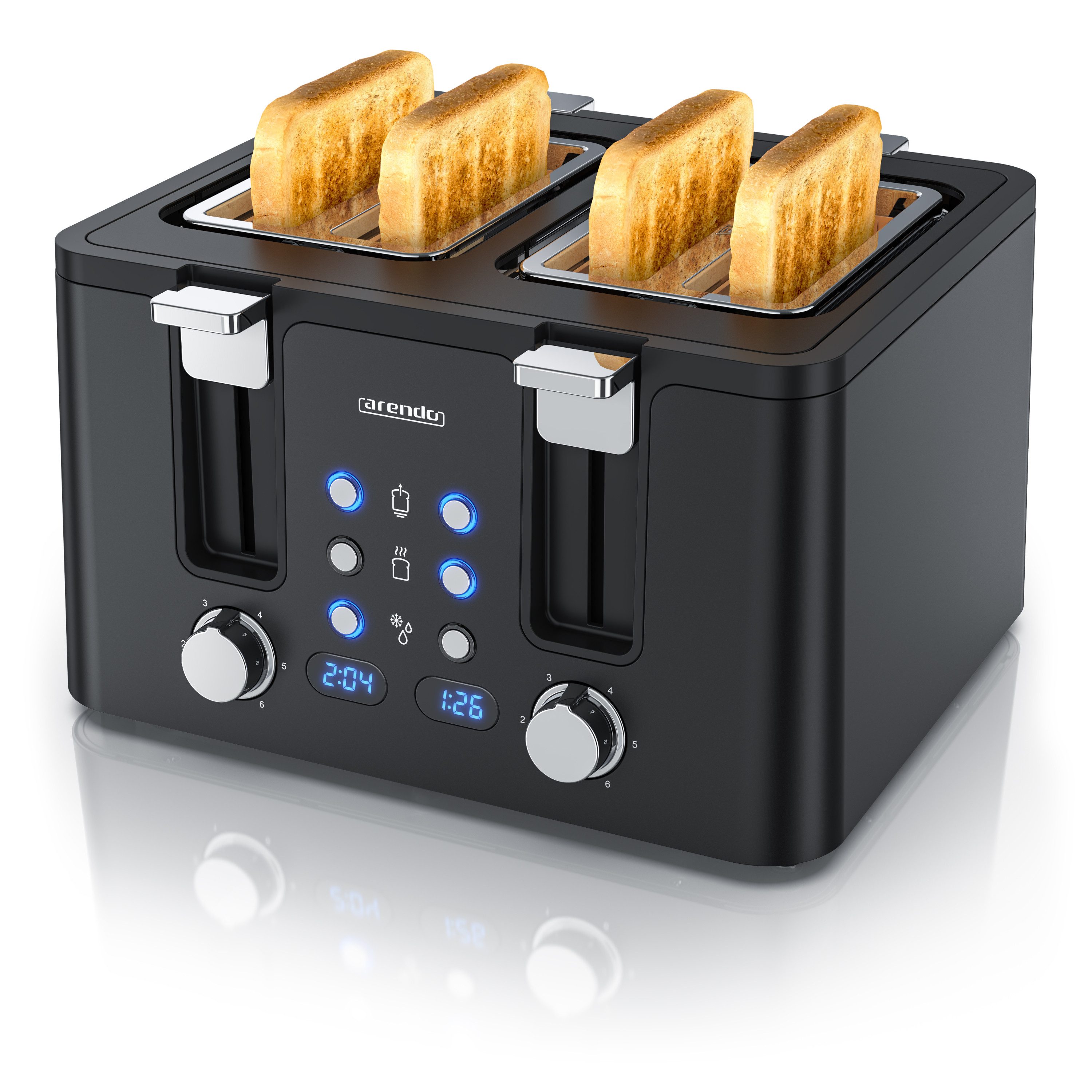Arendo Toaster 4-Scheiben, Edelstahl, Brötchenaufsatz, Restzeitanzeige, Schwarz, 4 kurze Schlitze, für 4 Scheiben, 1750 W, Doppelwandgehäuse, Defrost Funktion, Krümelschublade, 6 Bräunungsgrade