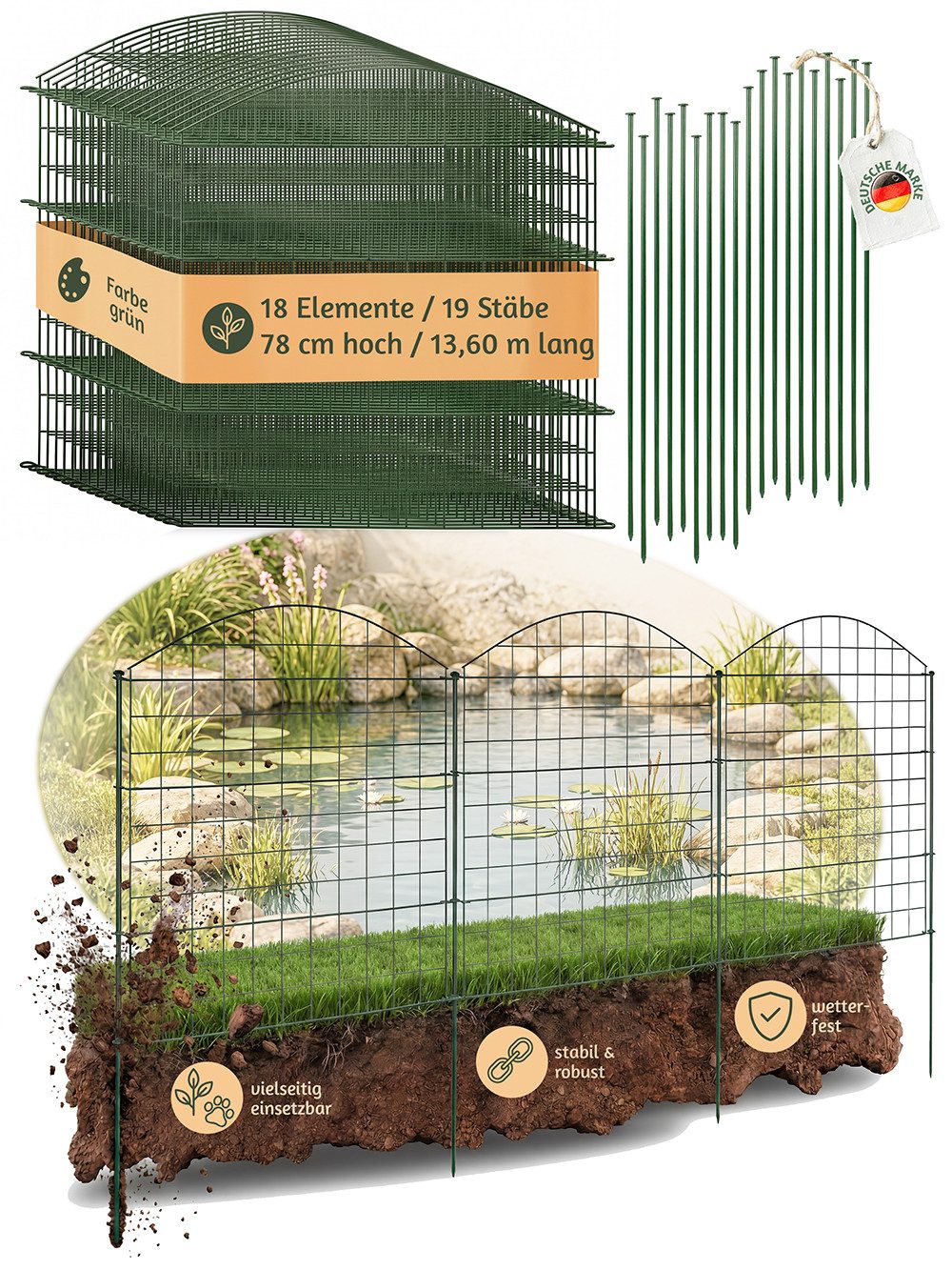 V2Aox Teichzaun Zaun Gartenzaun Steckzaun Teichzaun Garten Teich 18 Zaunelemente 78 cm