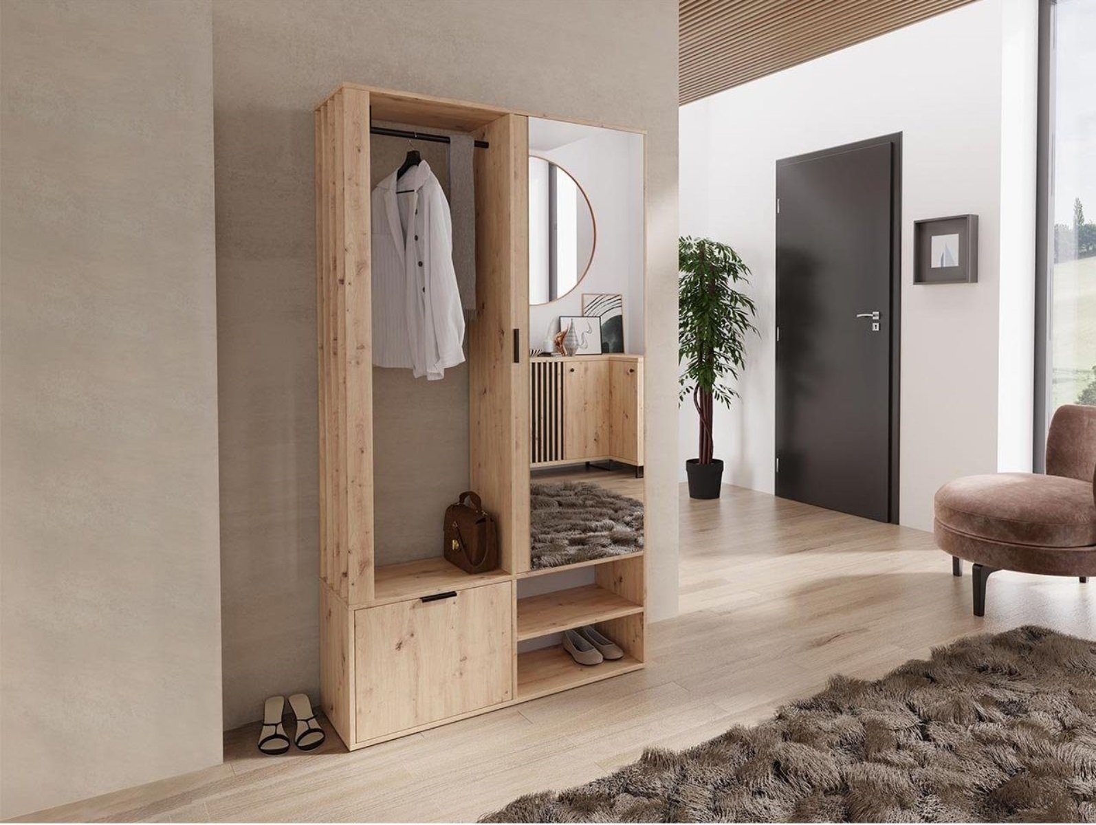 Compleo Garderoben-Set DECO, stil große Loft Artisan Kleiderstange Lamellen, eiche Speicherkapazität, Spiegel, mit und