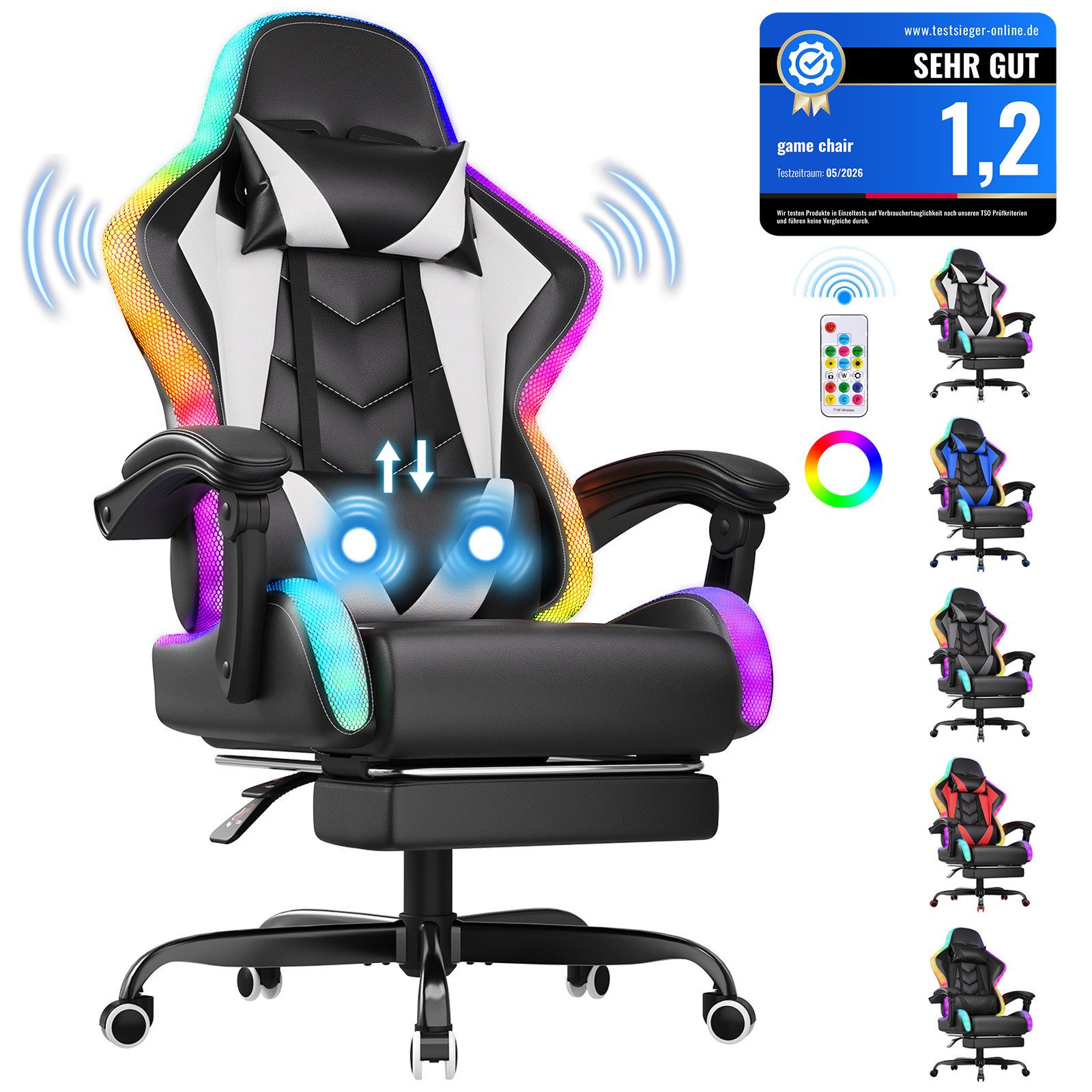HOMALL Gaming-Stuhl mit LED,Ergonomisch,Fußstütze,computerstuhl,gaming stuhl mit massage (Die LED-Beleuchtung ist einstellbar, das Massagekissen für den Rücken ist beweglich), Ergonomischer Bürostuhl,Kopfstütze und Lendenstütze