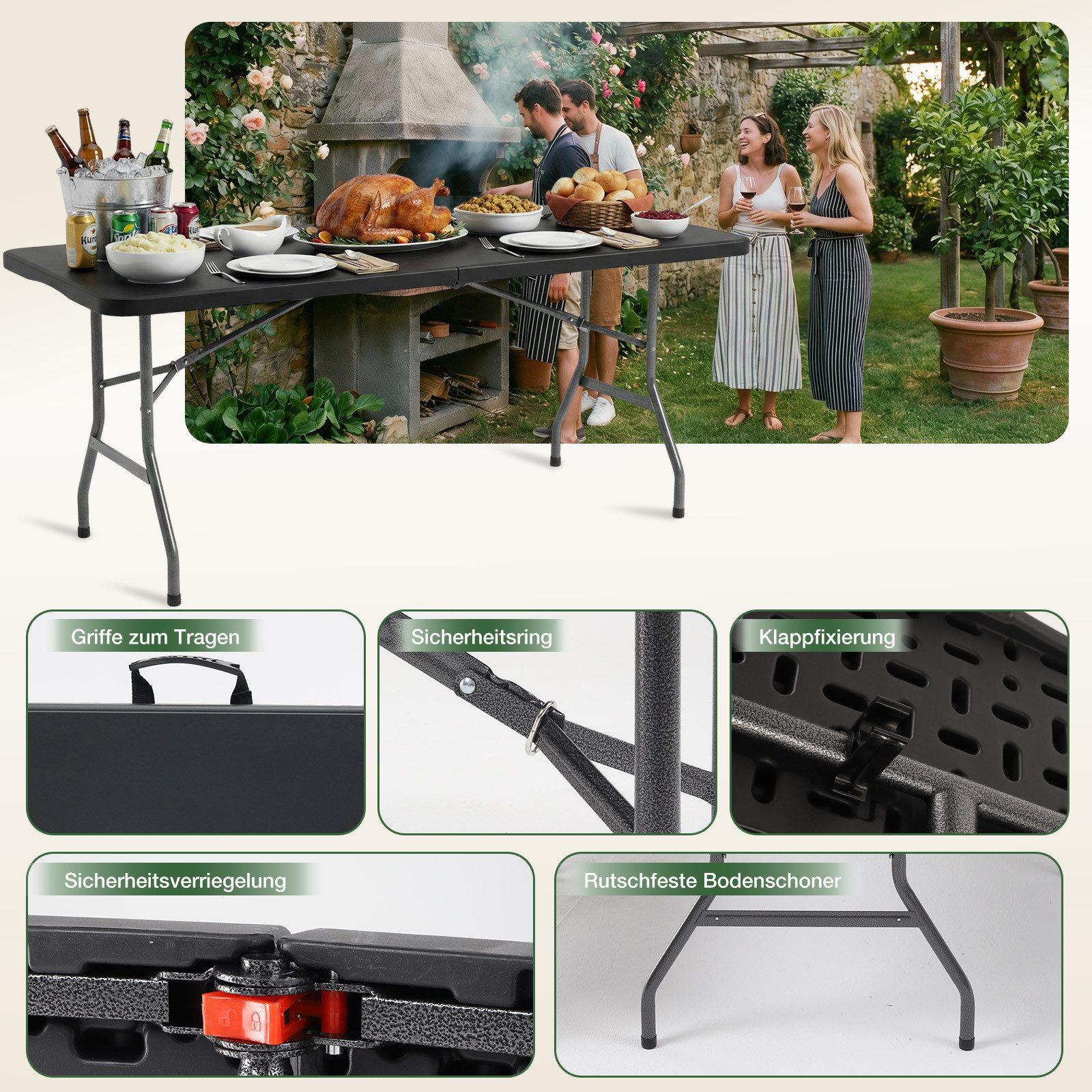 Sekey Bierzeltgarnitur Campingtisch Klappbar Partytisch Buffettisch Gartentisch Tragbar, Robust, Stabile, für 4 Personen, mit Tragegriff, 150 cm