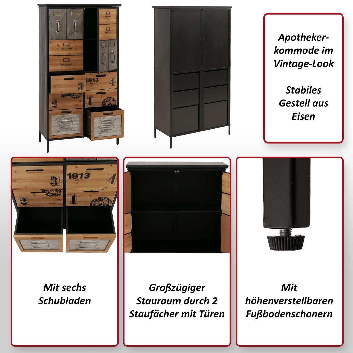 MCW Apothekerschrank MCW-O80-nM Mit sechs Schubladen, Im Vintage-Look