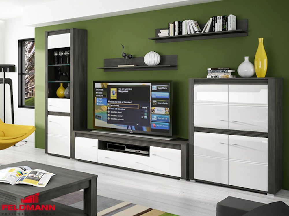 Feldmann-Wohnen Wohnzimmer-Set SEVILLA, (Set, 5-St., 1 Standvitrine + 1 TV-Element + 1 Kommode + 2 Wandregale), B/T/H: 326,4 cm / 37-42 cm / 205,5 cm