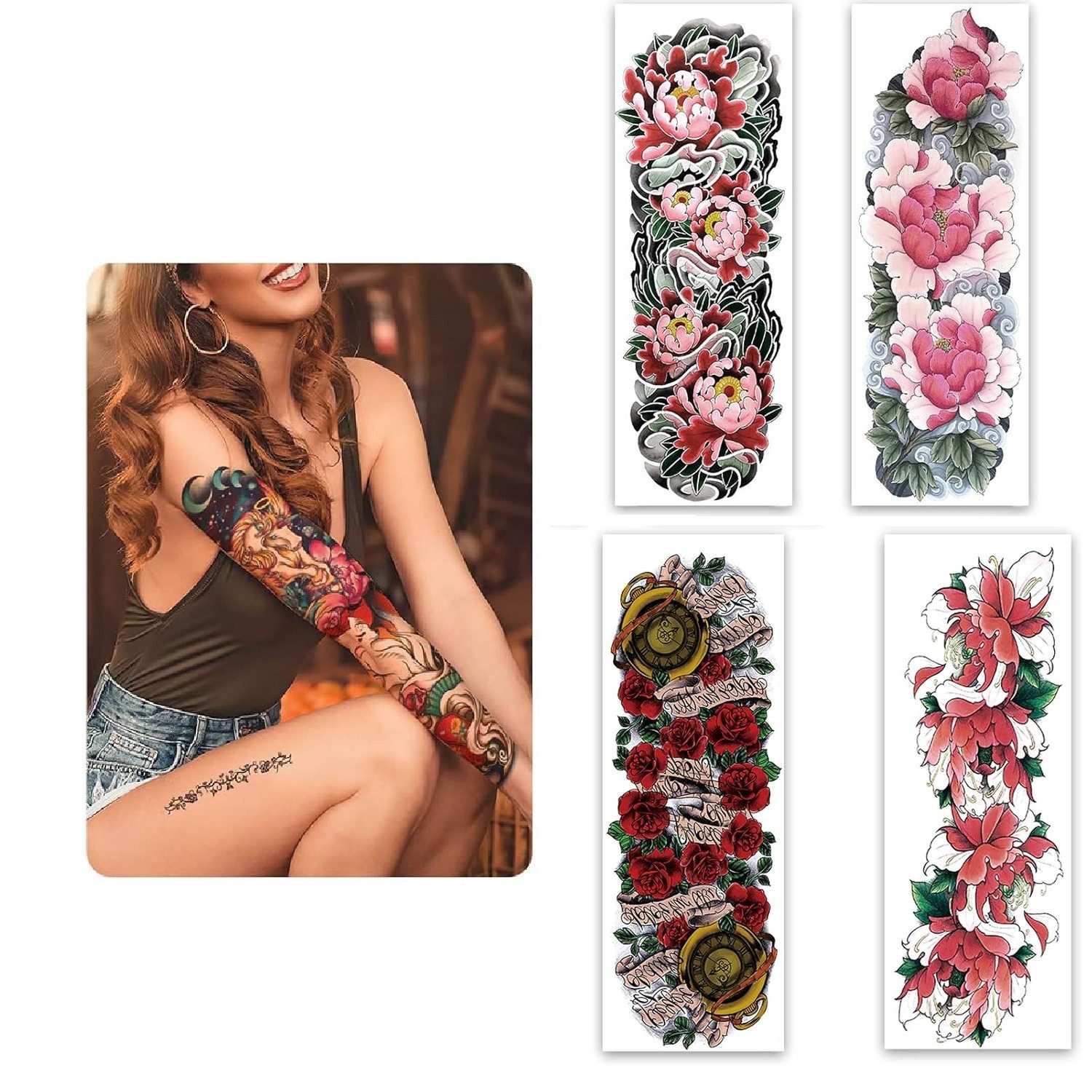 VEKROBOT Schmuck-Tattoo 4 Ganzarm Tattoos Pink Blumen Lotus Kompass Großformatige Körperkunst, 1-tlg., Einfach aufzutragen und zu entfernen, Wasserfeste & schweißresistente Tattoo-Aufkleber