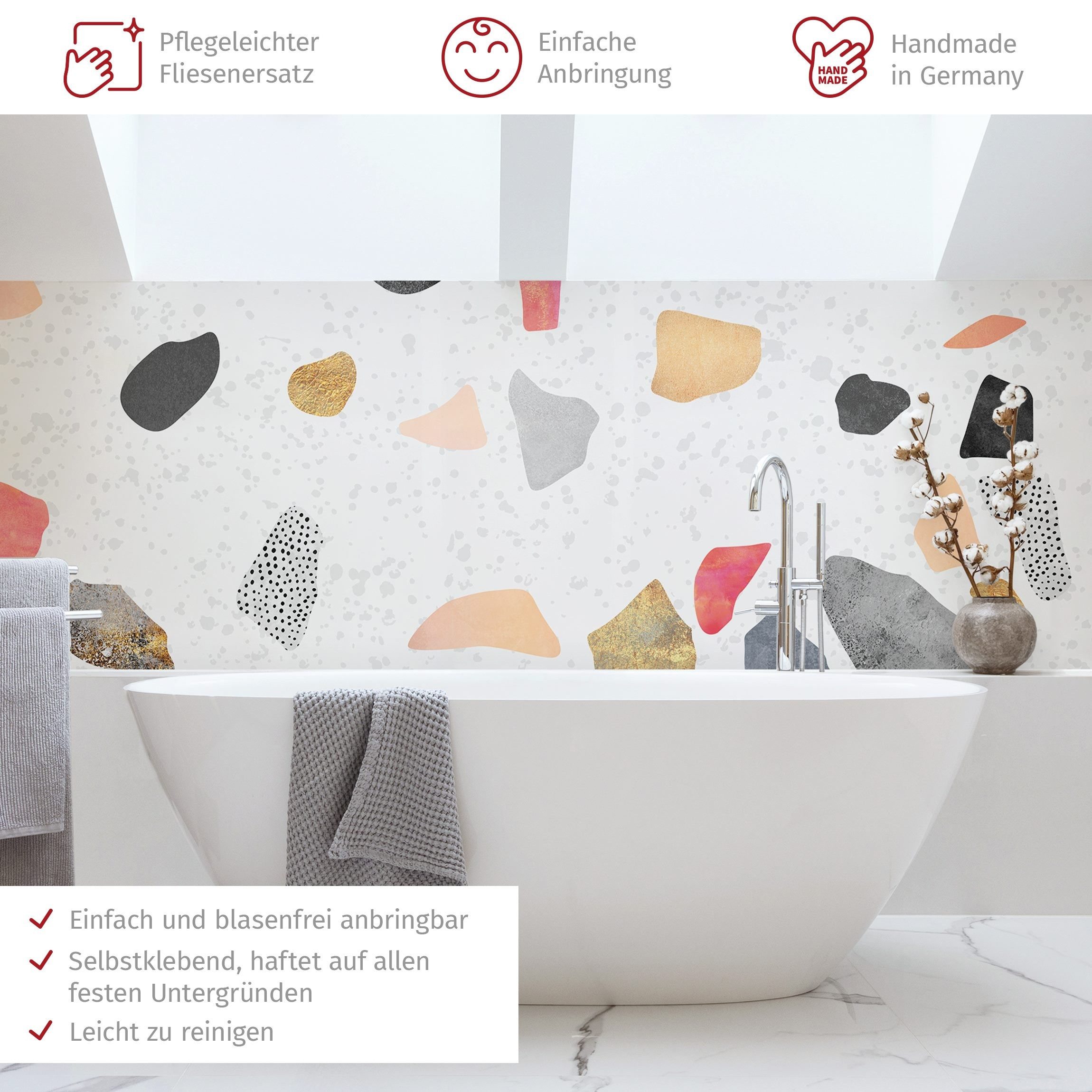 Bilderdepot24 Badrückwand weiss fugenlose Wandverkleidung Bad Abstrakt, (Hartfolie matt » Selbstklebend SMART 0,35 mm), wasserfestes Wandpaneel Weißer Terrazzo Goldsteinchen
