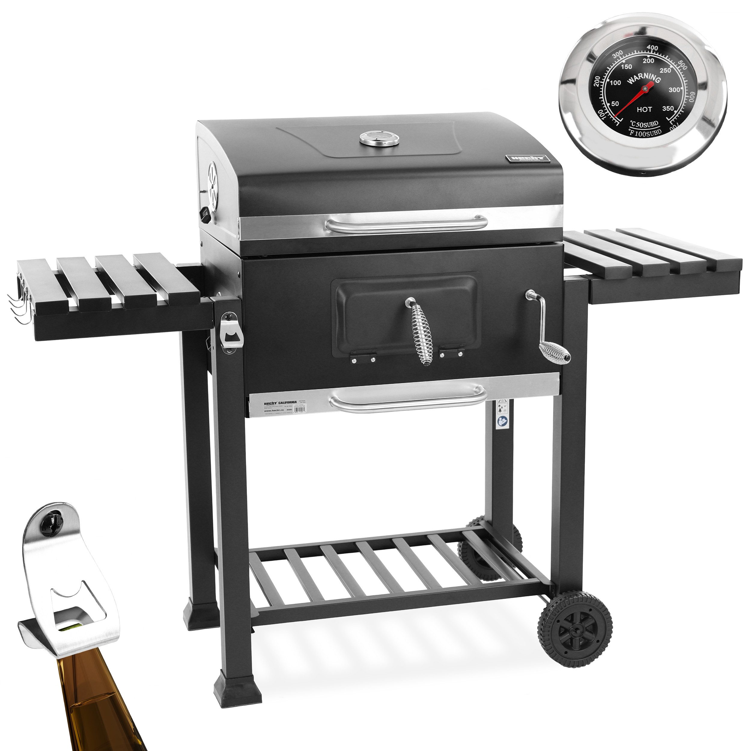 Hecht Holzkohlegrill XXL mit Deckel Thermometer Transporträder, integrierter Flaschenöffner, Ascheschublade