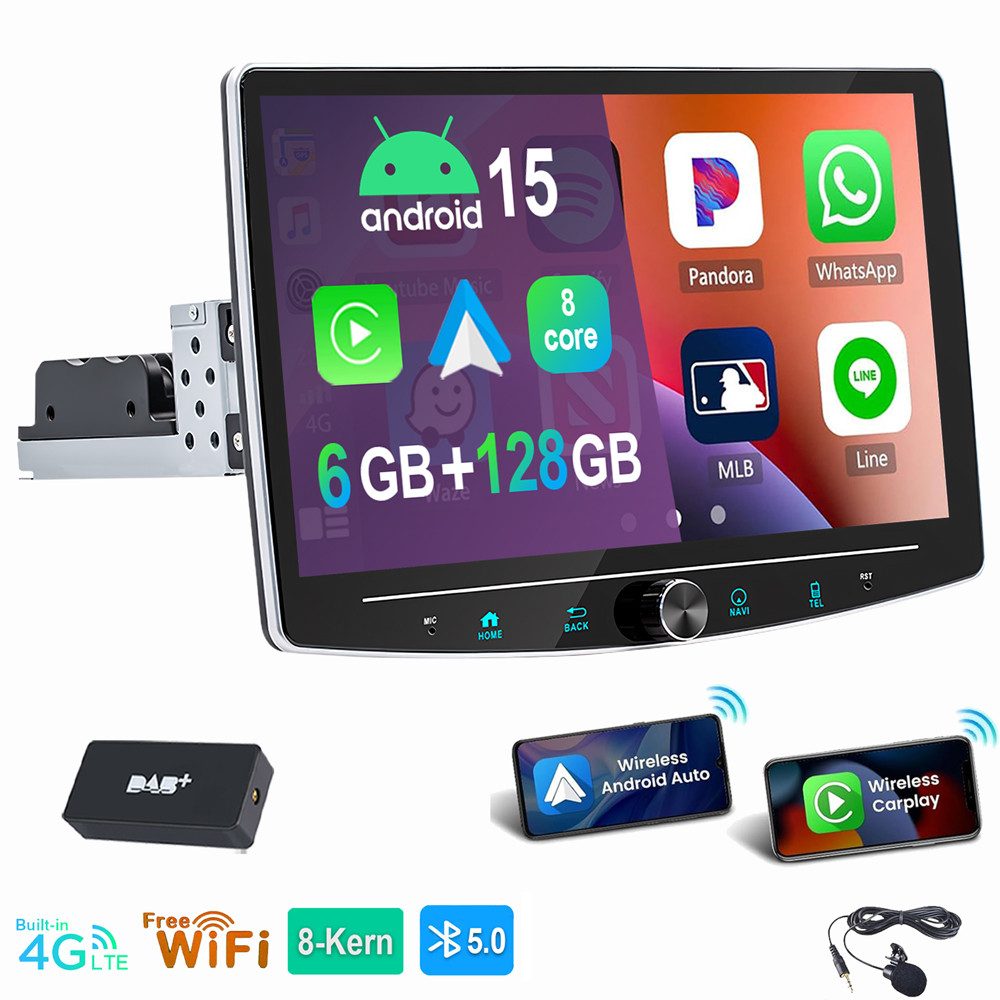 ESSGOO 6GB+128GB Android 14 Single 1 DIN 360° Drehbar Bildschirm Optionsfeld Autoradio (Digitalradio (DAB), RDS, FM, AM, Carplay Android Auto GPS Navi WIFI BT SWC)