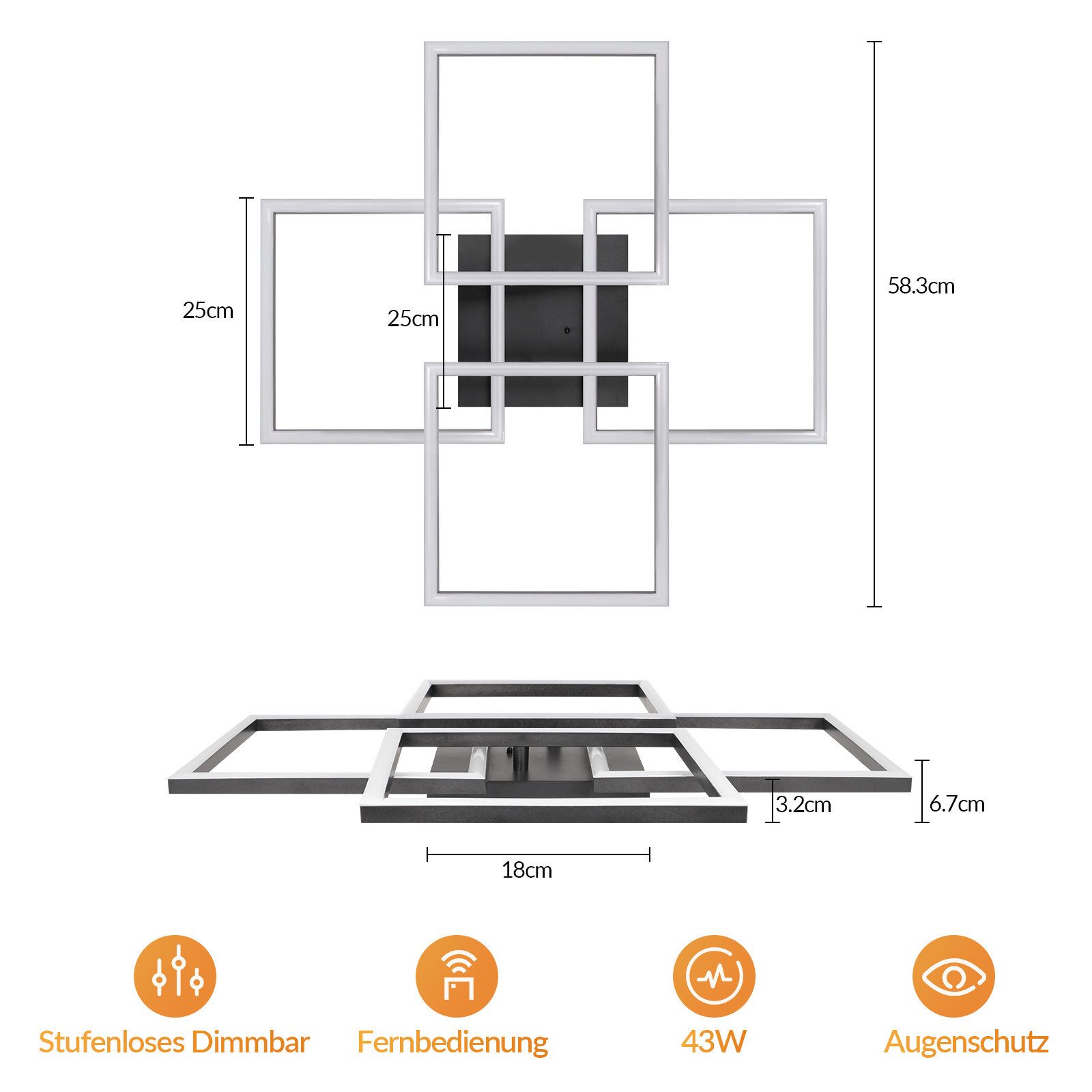 Nettlife LED Deckenleuchte 31/43W dimmbar Wohnzimmerlampe Fernbedienung eckige modern Deckenlampe, LED fest integriert, für Schlafzimmer Küche Büro wechselbar von 3000K-6000K