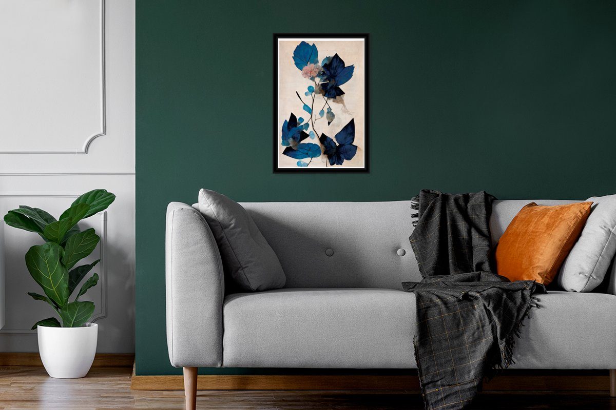 MuchoWow Poster Bilder, Poster, (1 St), - Blätter Wandposter, - Blumen, - Bilderrahmen Pflanzen Blau Gerahmtes Wanddeko, Schwarzem