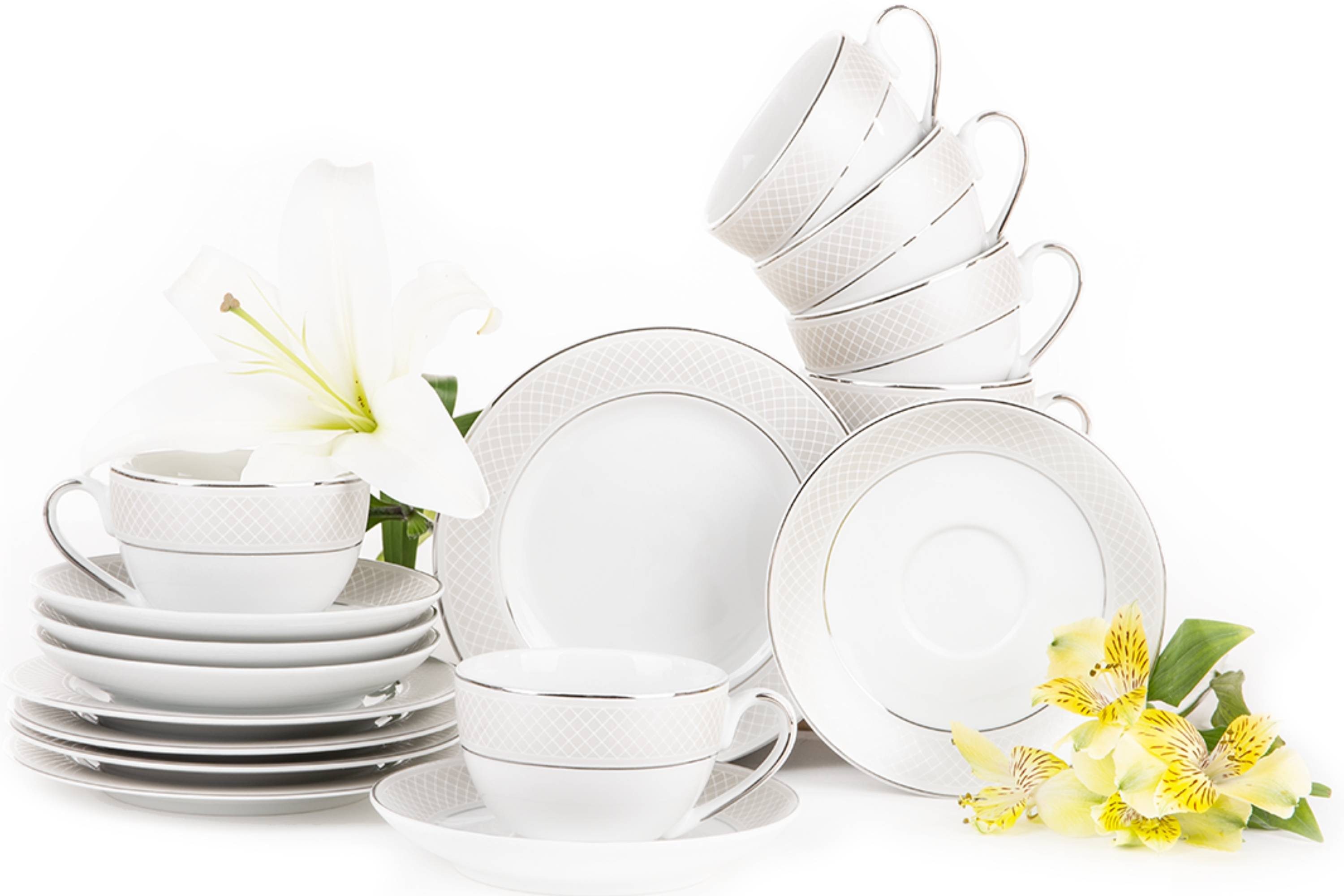 KONSIMO® Kaffeeservice SCANIA Teeservice (18-tlg), 6 Personen, Porzellan, Teetasse, Untertasse für Teetasse, Dessertteller