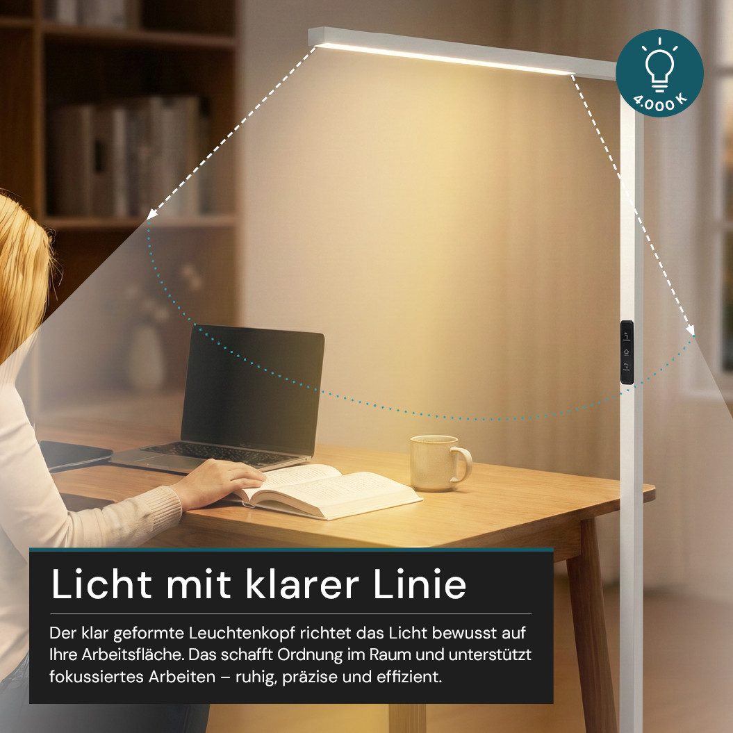 LUXULA LED Stehlampe schlanke Bürostehleuchte, LED fest integriert, Tageslichtweiß, einarmig, CRI98, UGR<16, augenschonendes Licht, Touch-Bedienung