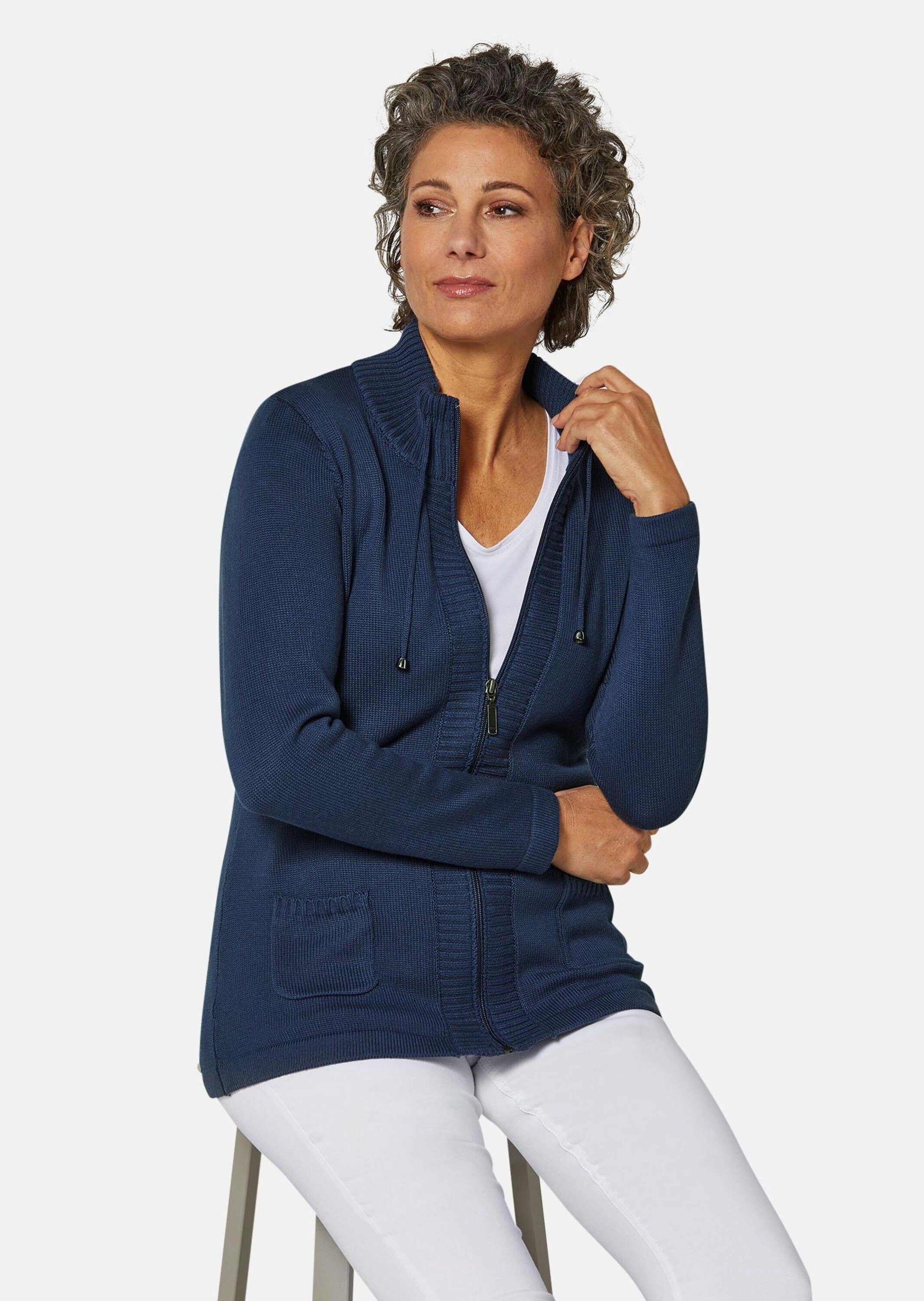 GOLDNER Strickjacke Kurzgröße: Herbstcardigan mit Reißverschluss Baumwolljacke mit Taschen, Stehkragen mit Kordel und Langarm