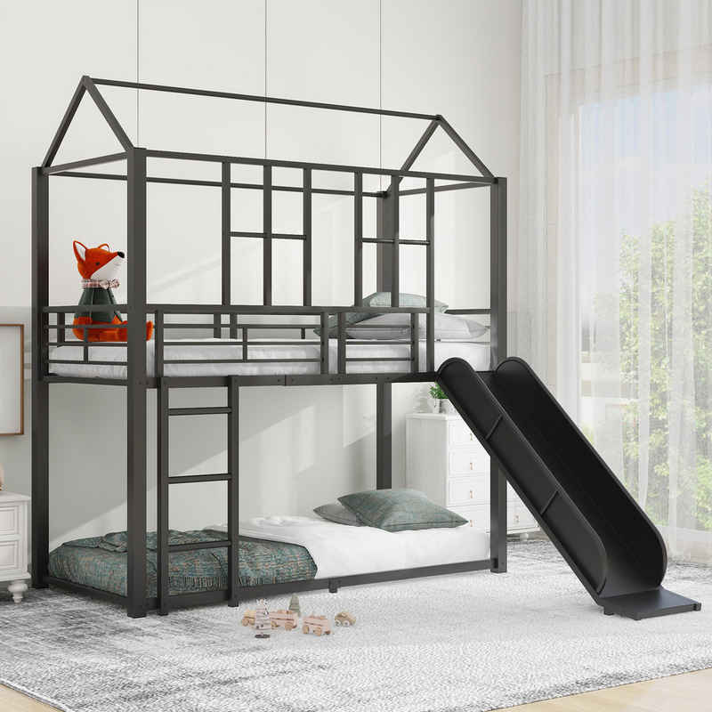 Flieks Etagenbett, Kinderbett Metallbett 90x200cm mit 2 Stock Lattenrost und Rutsche