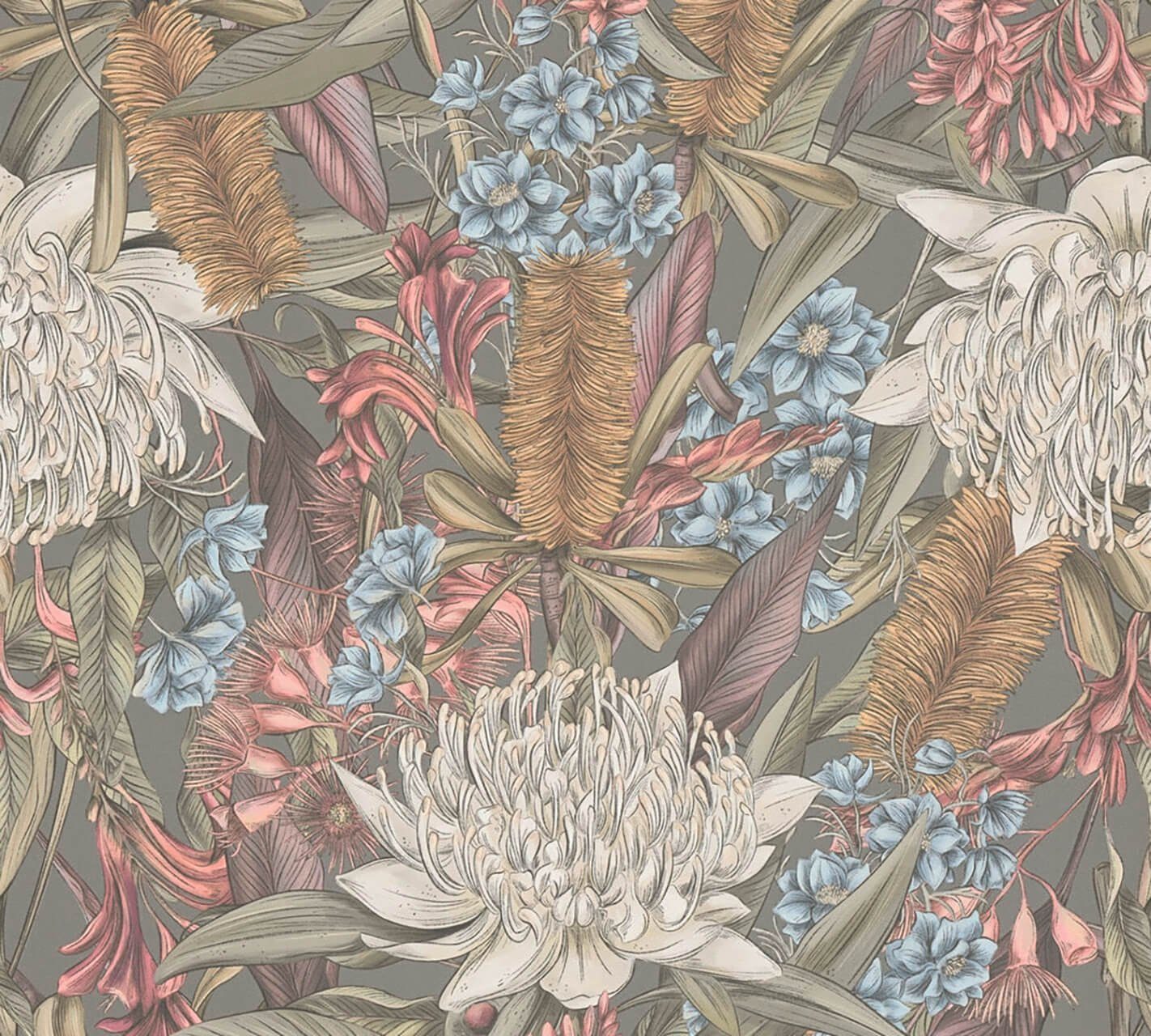 KUNSTLOFT Vliestapete Floral Daydream 0.53x10.05 m, halb-matt, matt, lichtbeständige Design Tapete bunt, grau