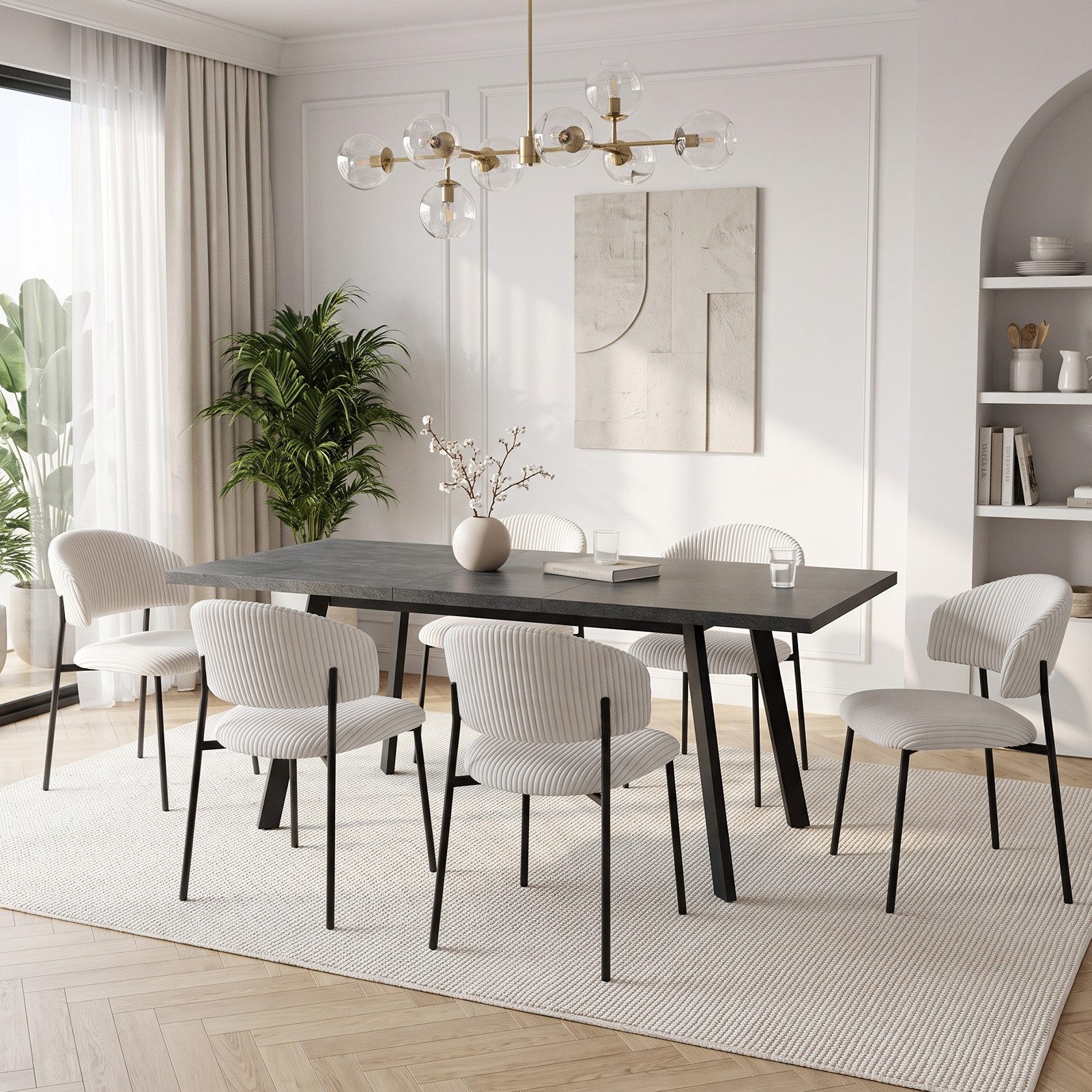 Jiexi Essgruppe Essgruppe Ausziehbar 140-180cm MDF Dunkelrhein-Optik & Cord Stühle