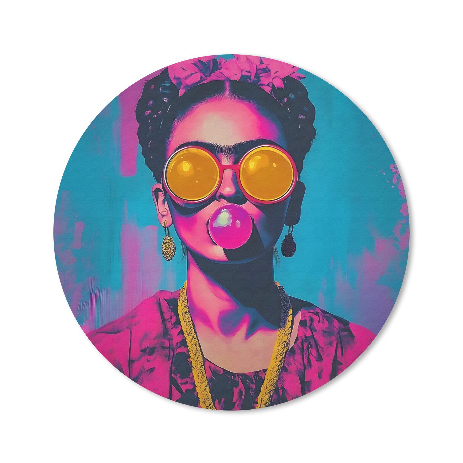 MuchoWow Mauspad Frau - Kaugummi - Sonnenbrille - Orange (1-St), Gaming, Rutschfester Unterseite, Mausunterlage, Rund 50x50 cm