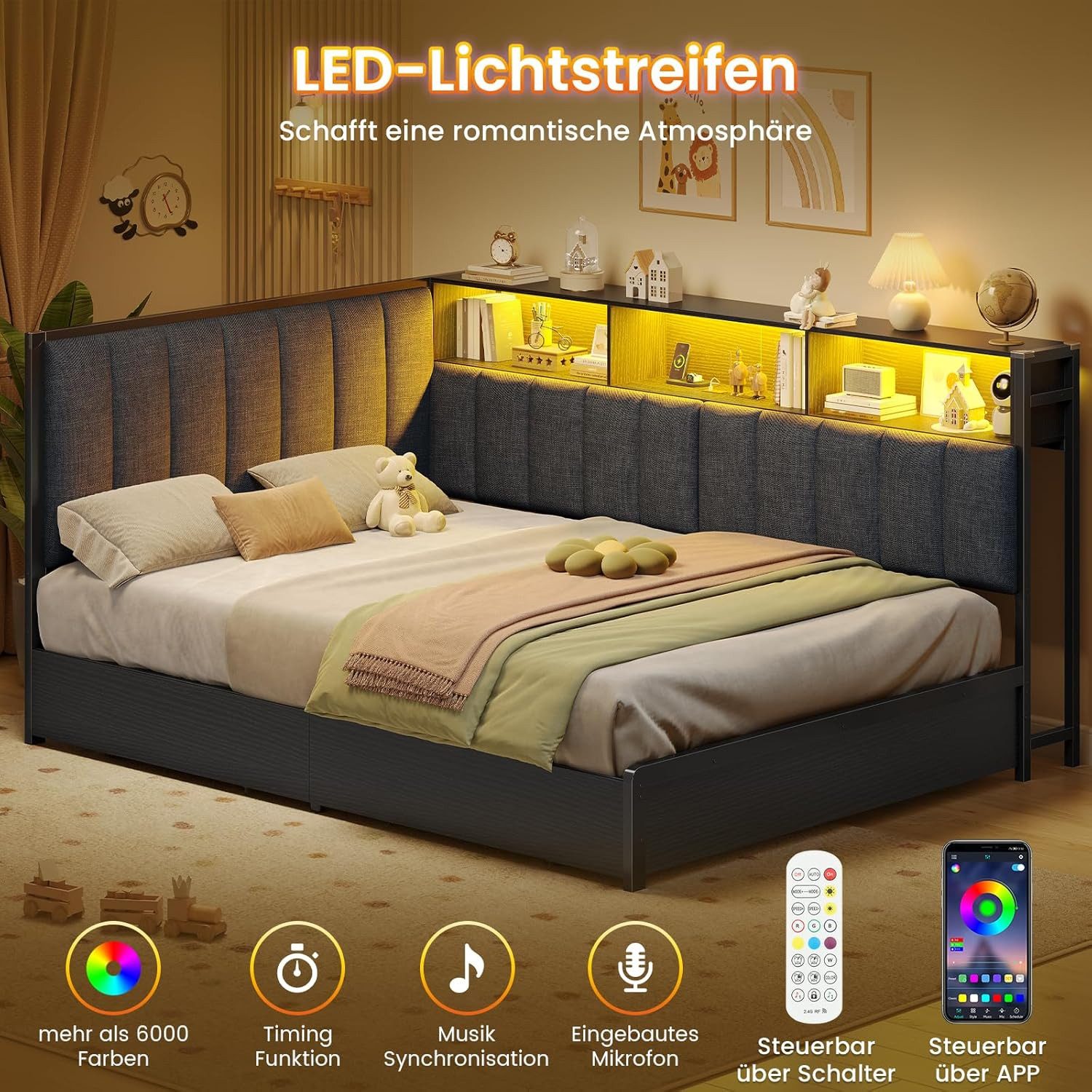 KIMENICH Polsterbett Jugendbett mit LED-Beleuchtung und Ladestation, Schlafsofa, Daybett (Ohne Matratze), Tagesbett mit 2 Schubladen und offenen Regalen, 140 x  – Bild 5 von 5