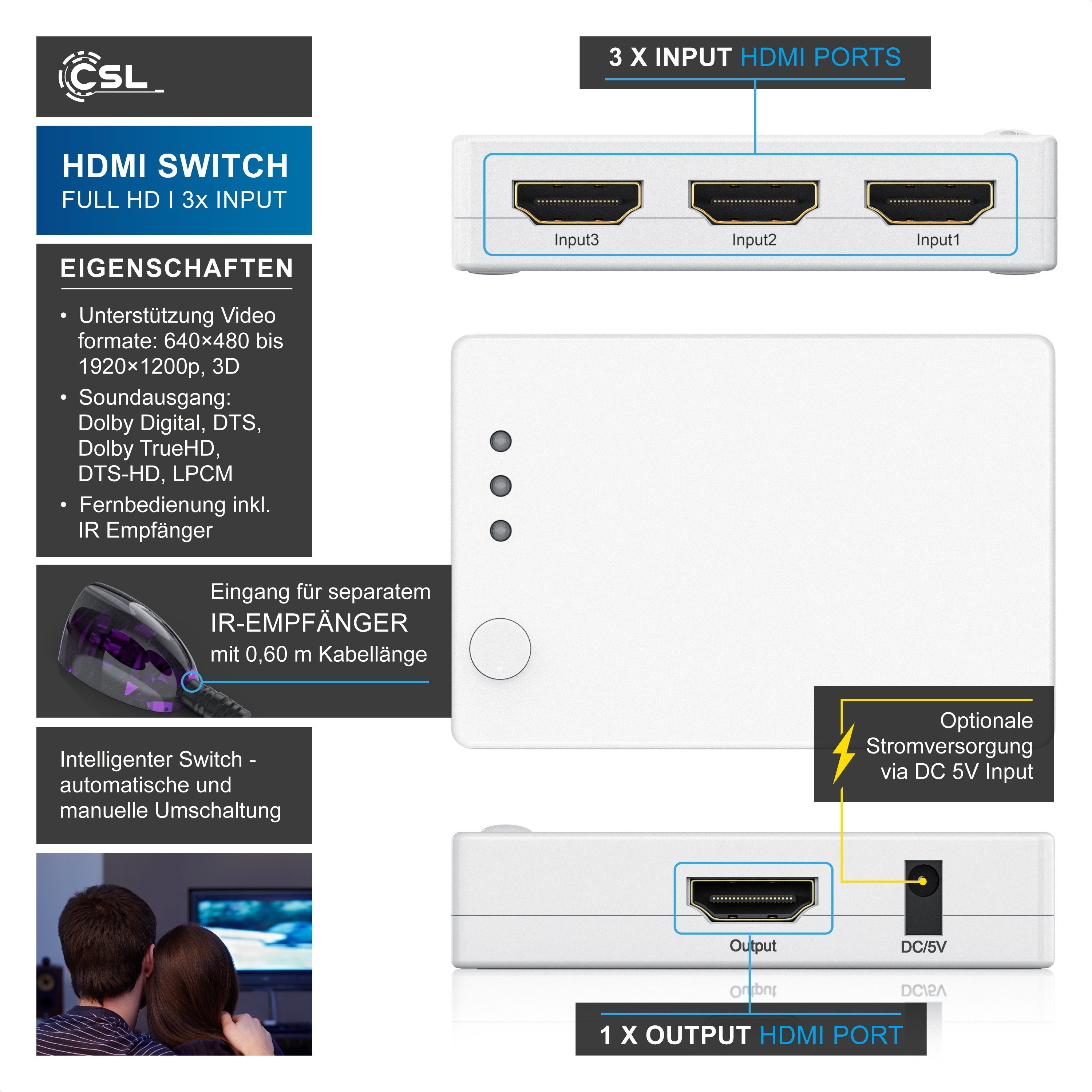 CSL Audio / Video Matrix-Switch, 3-Port HDMI Verteiler mit Verstärker, 3D, Full HD, inkl. Fernbedienung