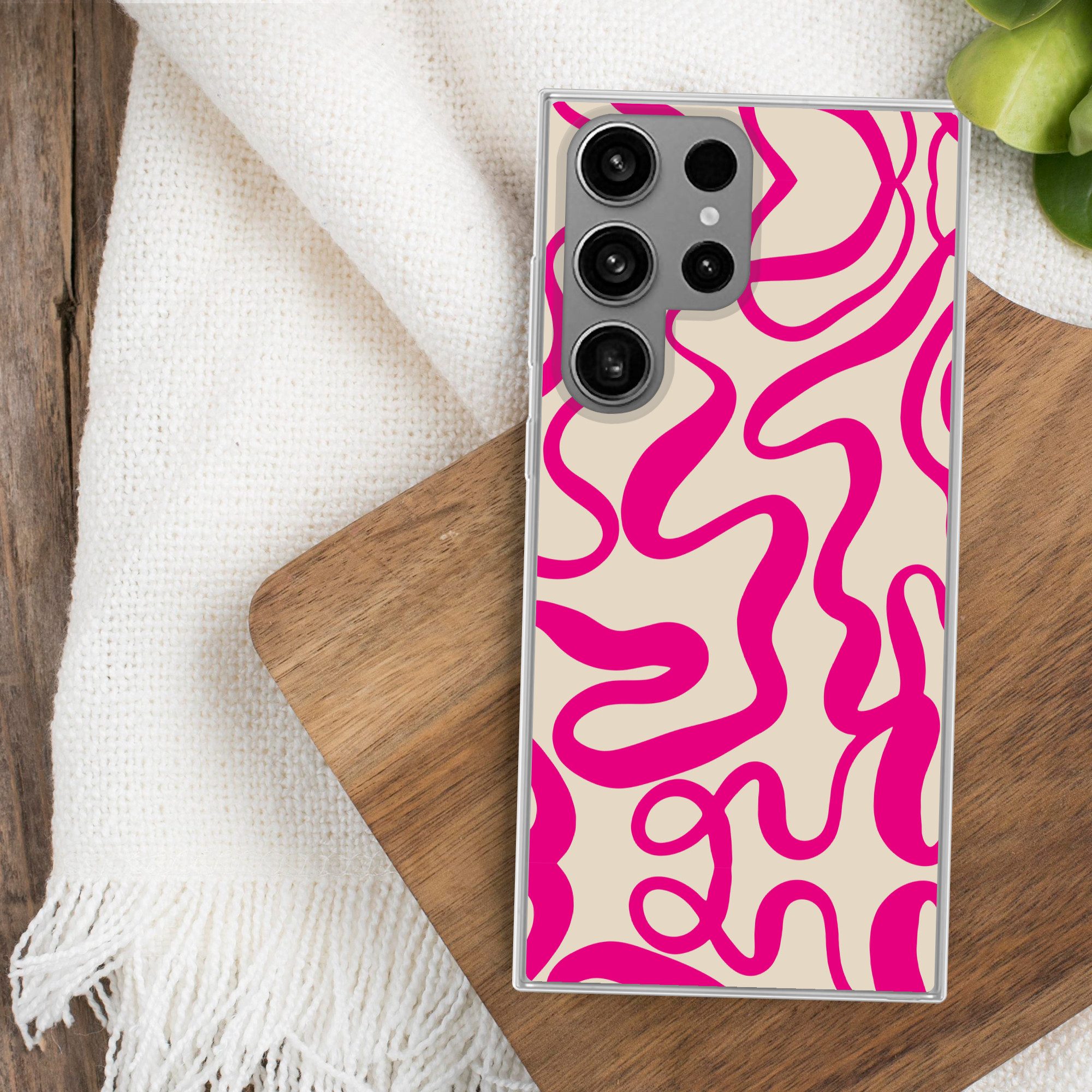MuchoWow Handyhülle für Samsung Galaxy S23 Ultra Linien - Rosa - Beige - Abstrakt - Minima