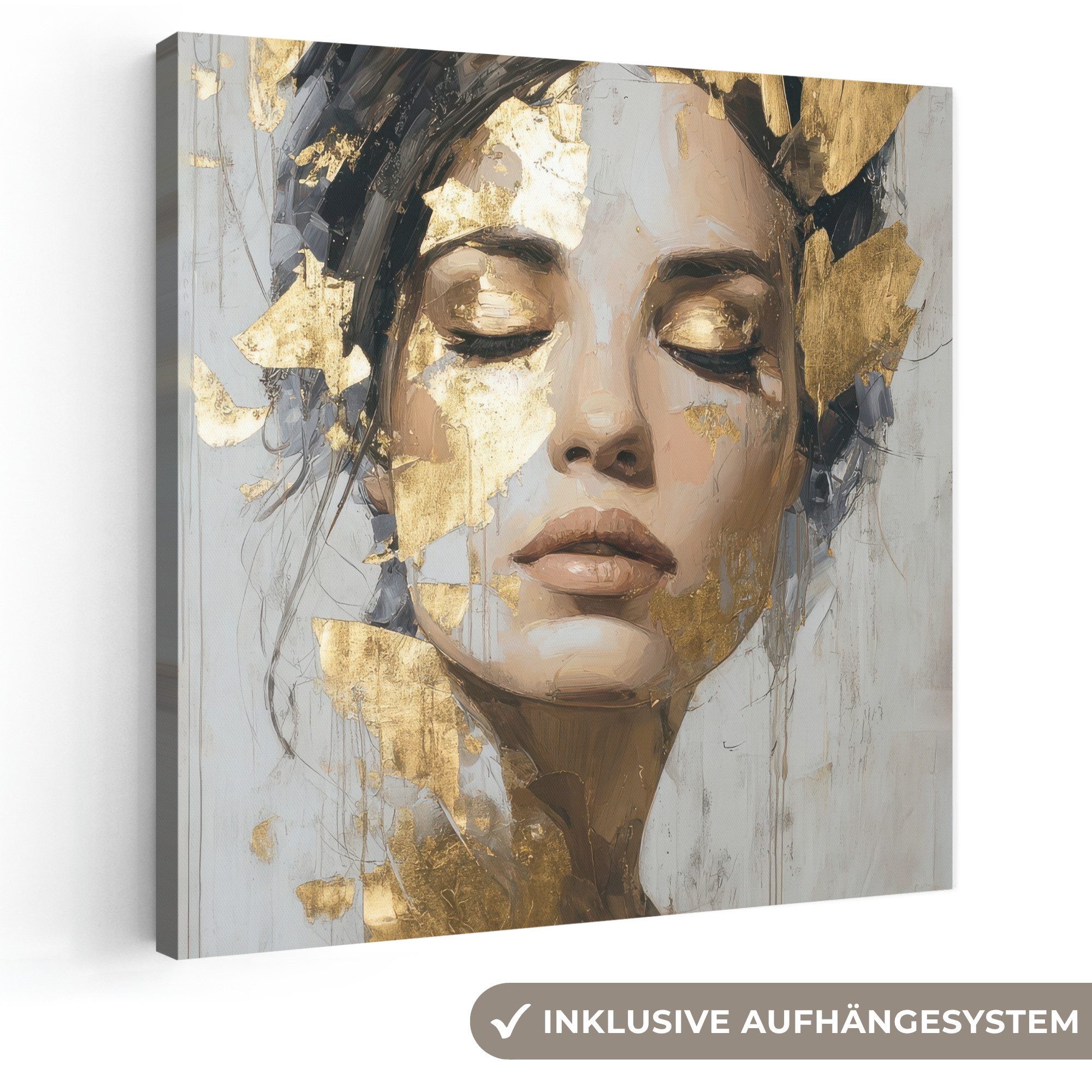 OneMillionCanvasses® Leinwandbild Geschmückt - Frau - Gold - Augen, Fotodruck (1 St), Wandbild, Deko Schlafzimmer Wohnzimmer Flur 20x20 cm