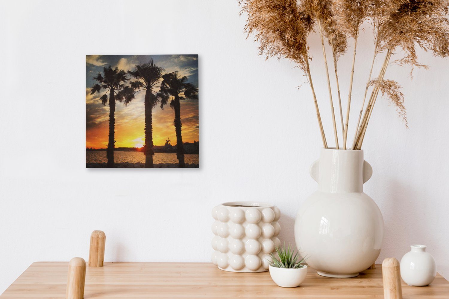 Leinwand in für (1 St), Leinwandbild Toulon Frankreich, Schlafzimmer in OneMillionCanvasses® Bilder Sonnenuntergang Palmen der entlang Wohnzimmer