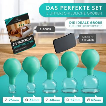 KURGLAS Vakuum-Massager Schröpfgläser aus Echtglas, 5 Stück, Mit Faszienschaber, Mit e-Book, Schröpfen Gegen Verspannungen & Cellulite