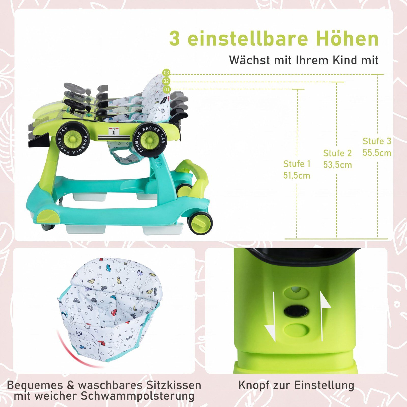 COSTWAY Lauflernhilfe 4 in 1 Lauflernwagen, mit Musik, Licht, ab 6 Monaten