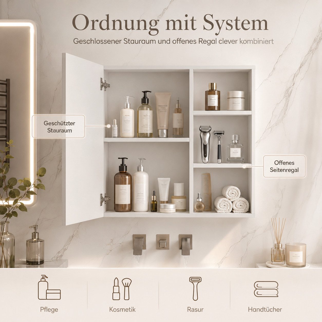 Simurq Badezimmerspiegelschrank Badspiegelschrank 60 cm, 3 Lichtfarben, Antibeschlag (Einzelartikel, 1-teilig) 3 Lichtfarben, Antibeschlag, offenes Regal – Bild 5 von 5