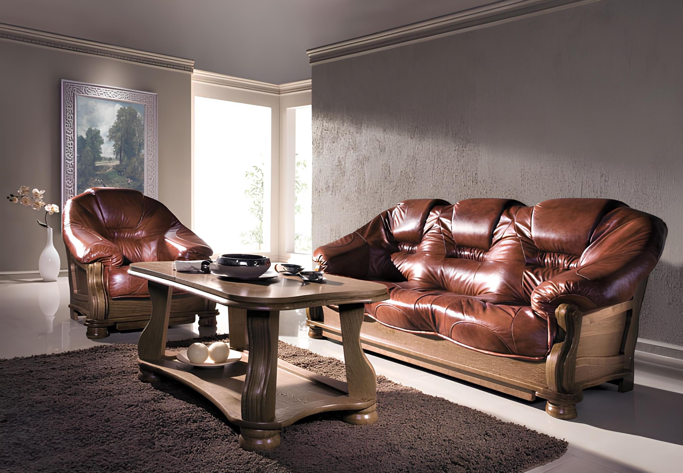 Xlmoebel Polstergarnitur Klassische Sofagarnitur aus Leder mit Holzfüßen in elegantem Design, (Sofagarnitur, 2-tlg., Sofagarnitur 3+2+2 Sitzer 4069424760316), Hergestellt in Europa