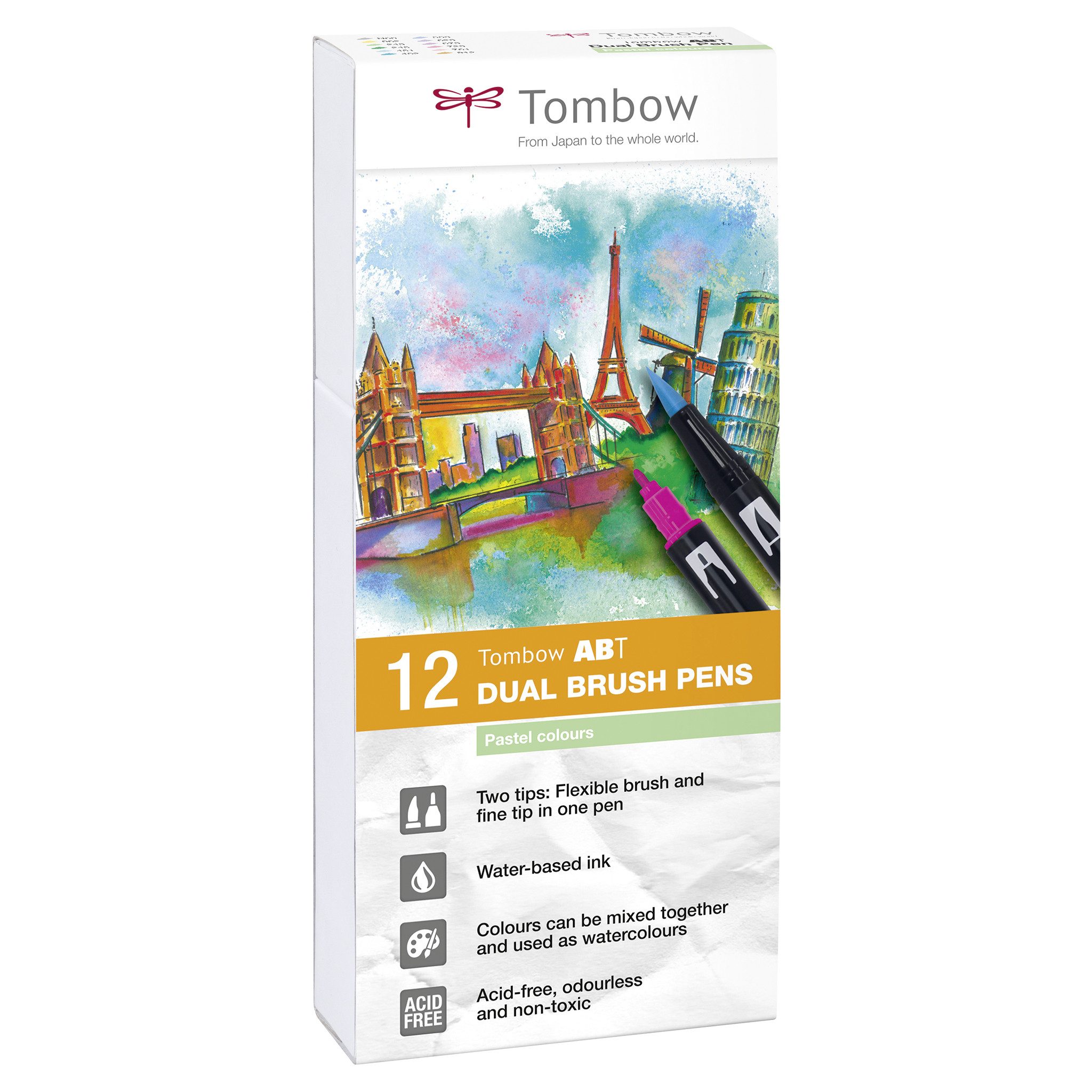 TOMBOW Pinselstift Tombow ABT Dual Brush Pen, (12er Set), zwei Spitzen, für Hand Lettering & Bullet Journal, wasservermalbar