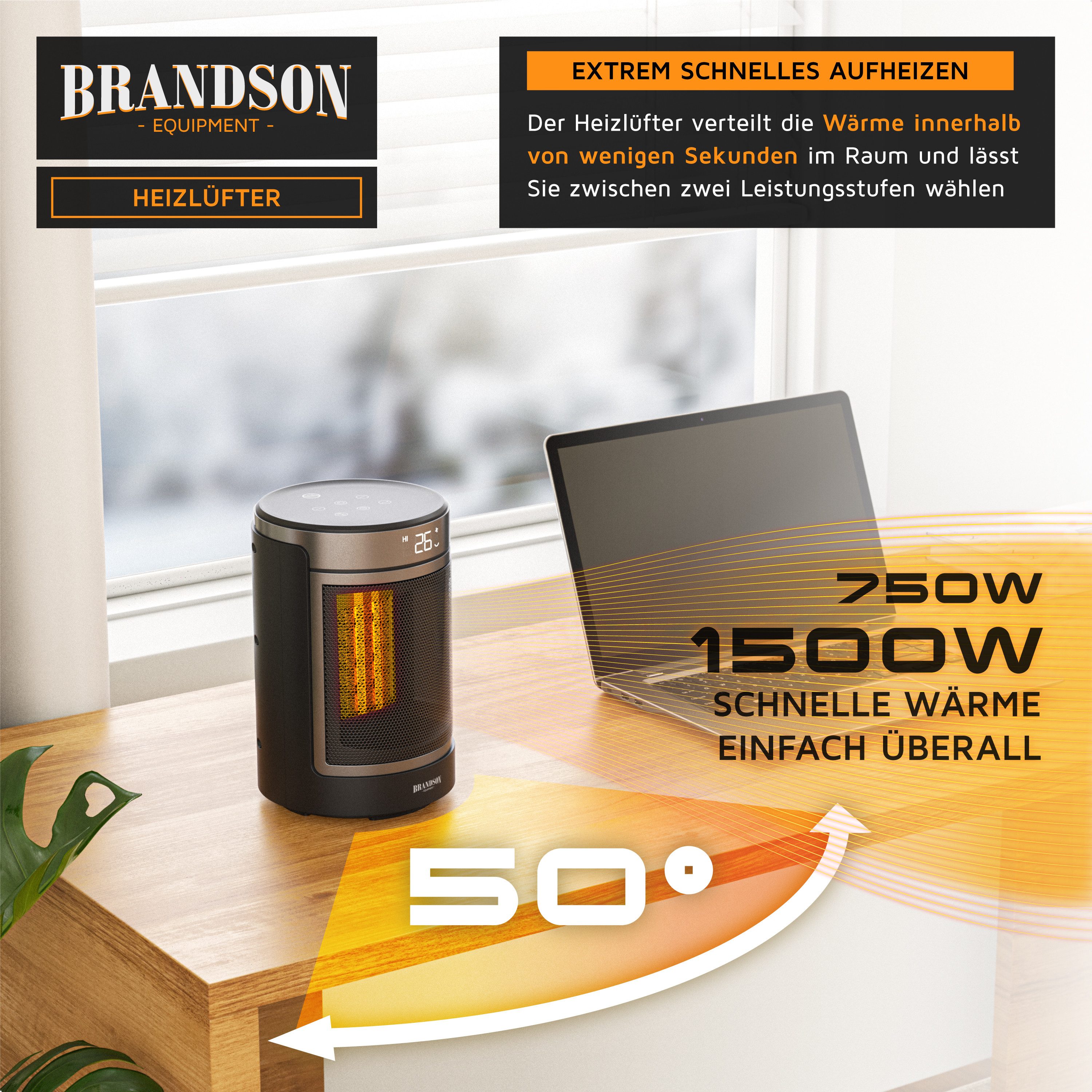 Brandson Keramikheizlüfter Keramik Heizlüfter mit Fernbedienung, Überhitzungs- und Umkippschutz, 1500 W, Badezimmer Heizung mit Oszillation, ECO‑Modus, Kindersicherung